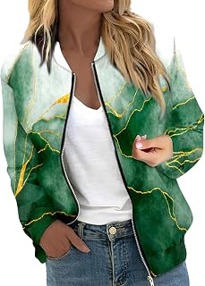 Womens Crew Neck Pattern Printed Bomber Jacket with Pockets Full Zip Casual Jackets Slim Fit Sport Jacket Stylish Thin Jackets Autumn Jacket Jackets for Women Uk