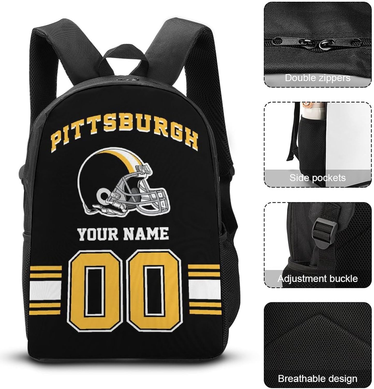 Custom Pittsburgh Backpack with Lunch Bag Pencil Case, Personalized Name and Number Backpacks Pencil Box Lunch Bags, Customize 3pcs Set Gifts for Men Women Fans