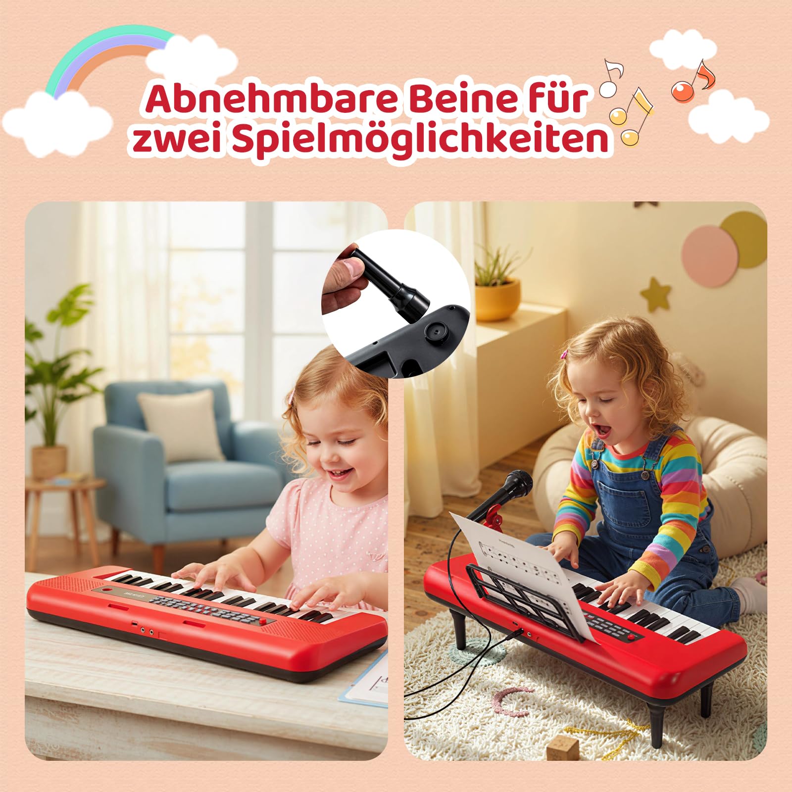 COSTWAY 37 Tasten Kinder Keyboard, Kinderklavier elektronisch mit Mikrofon, Notenständer & abnehmbare Beine, tragbares Musikinstrument, Kinderpiano Klaviertastatur für Kinder ab 3 Jahren (Rot)