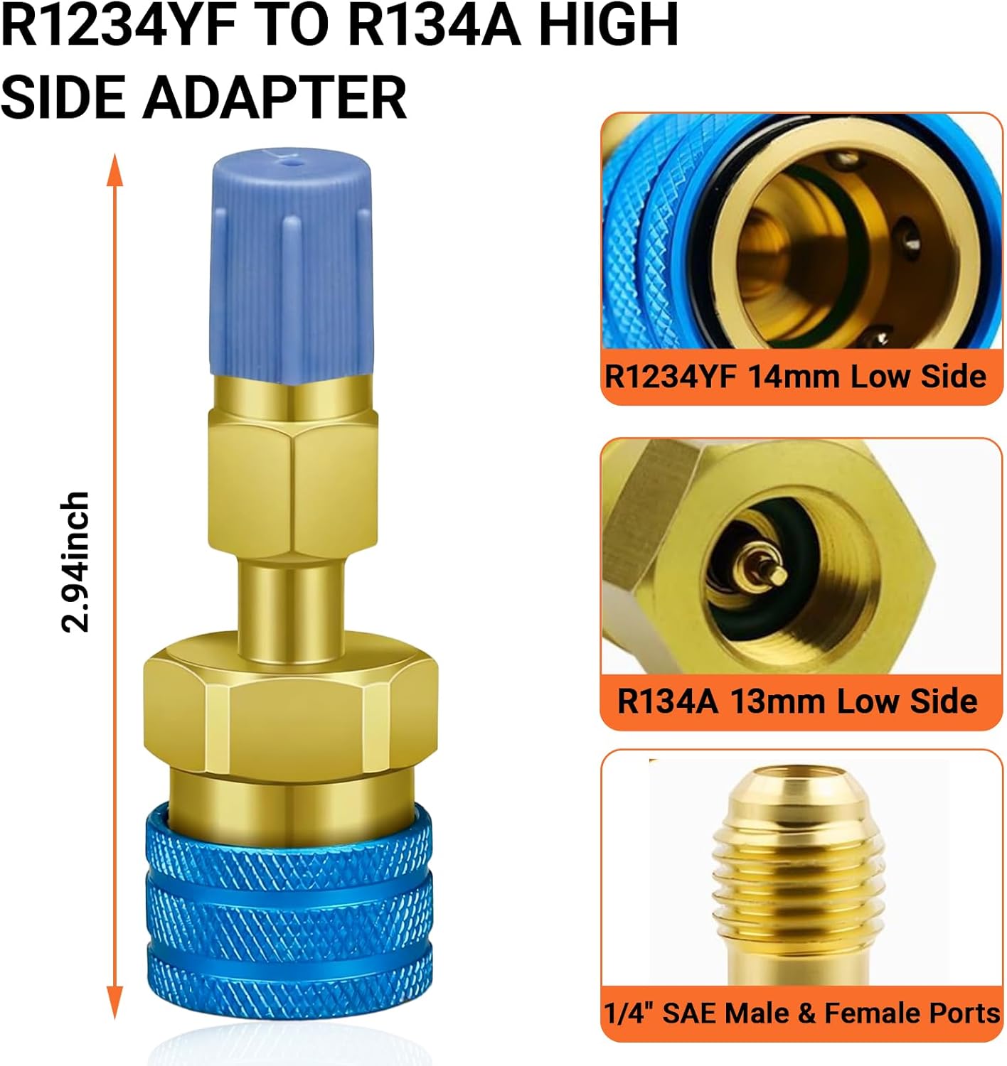 R1234YF Adapter, to R134A Quick Coupler, R1234yf Refrigerant Kit, Blue and Red High Low Side Connector Conversion Compatible with Car Air Conditioning System Evacuation Recharging (2PCS)