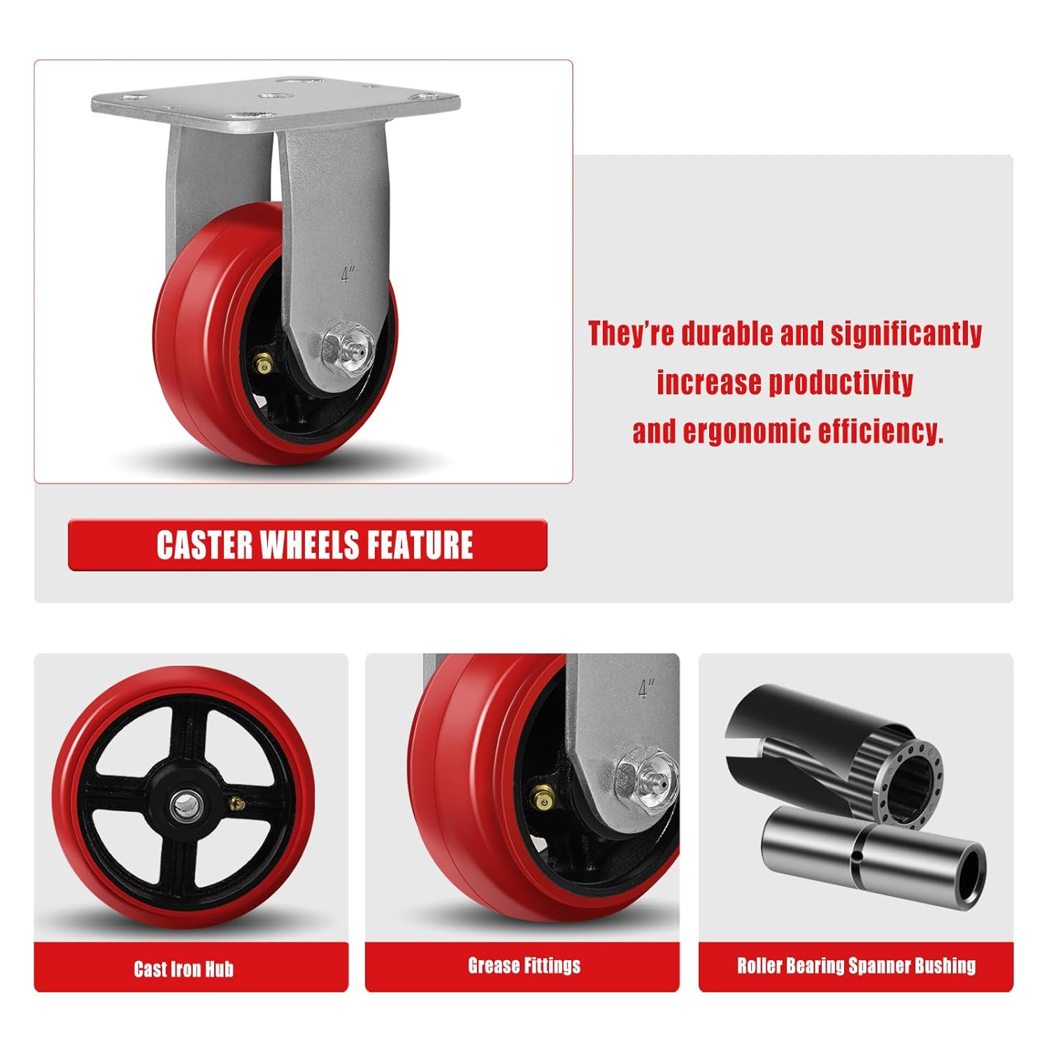 4"X2" Heavy Duty Industrial Casters,Crowned Polyurethane Tread Cast Iron Center Wheels,800 lbs Load Capacity Per,Rigid Casters for Tool Boxes, Material Handling