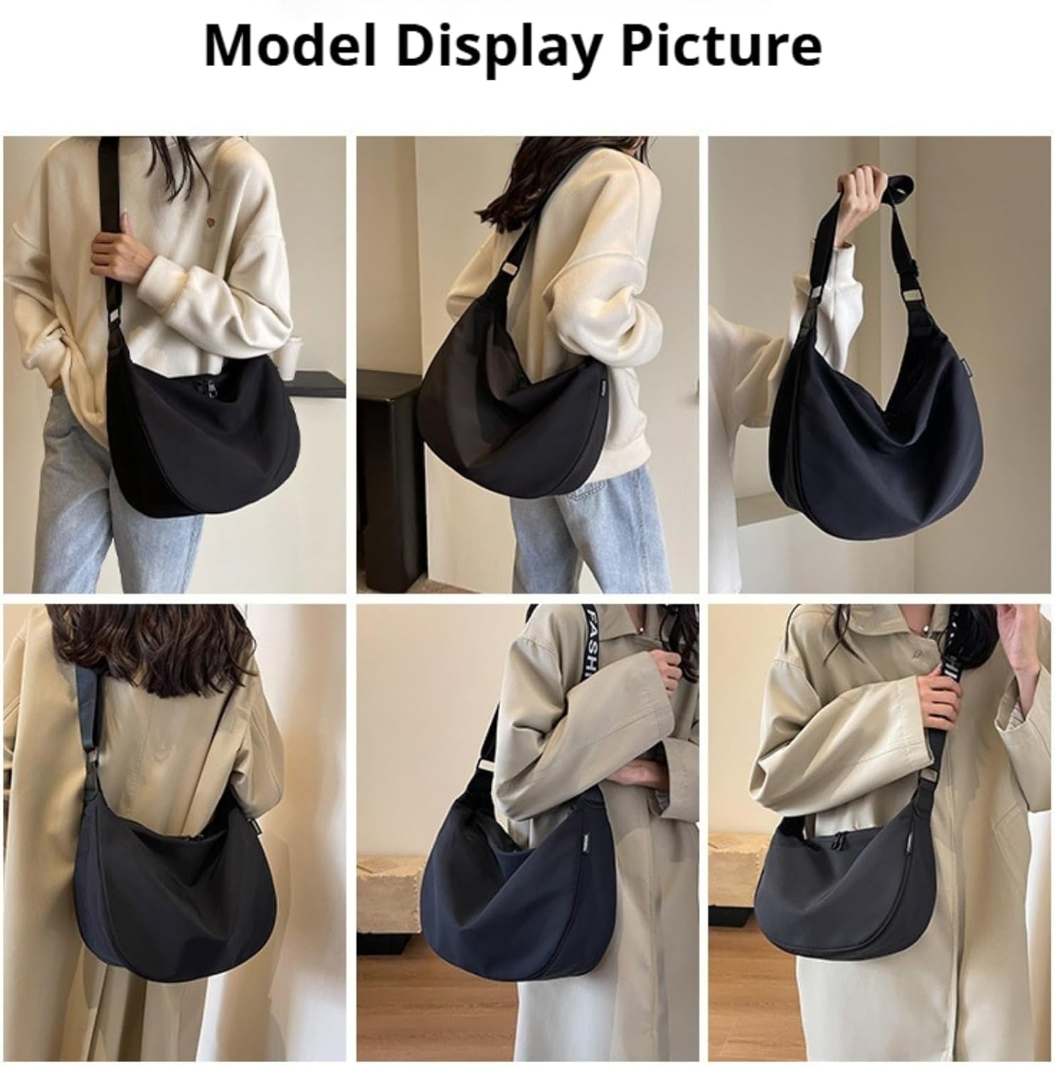 Crossbody Bags for Women - Hobo Durable Black Canvas Crescent Sling Purse with 3 Zippers Pockets for Casual & Work - Image 7