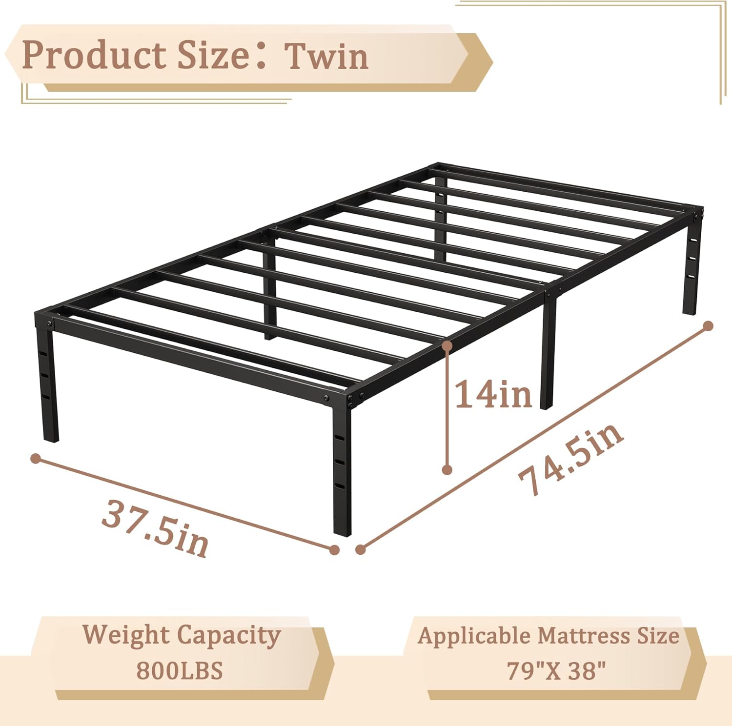 Twin Bed Frame, 14-Inch Tall Heavy-Duty Platform with Under-Bed Storage, Sturdy Metal Bed Frame for Mattress Support, No Box Spring Needed, Quiet Design, Easy Assembly, Black