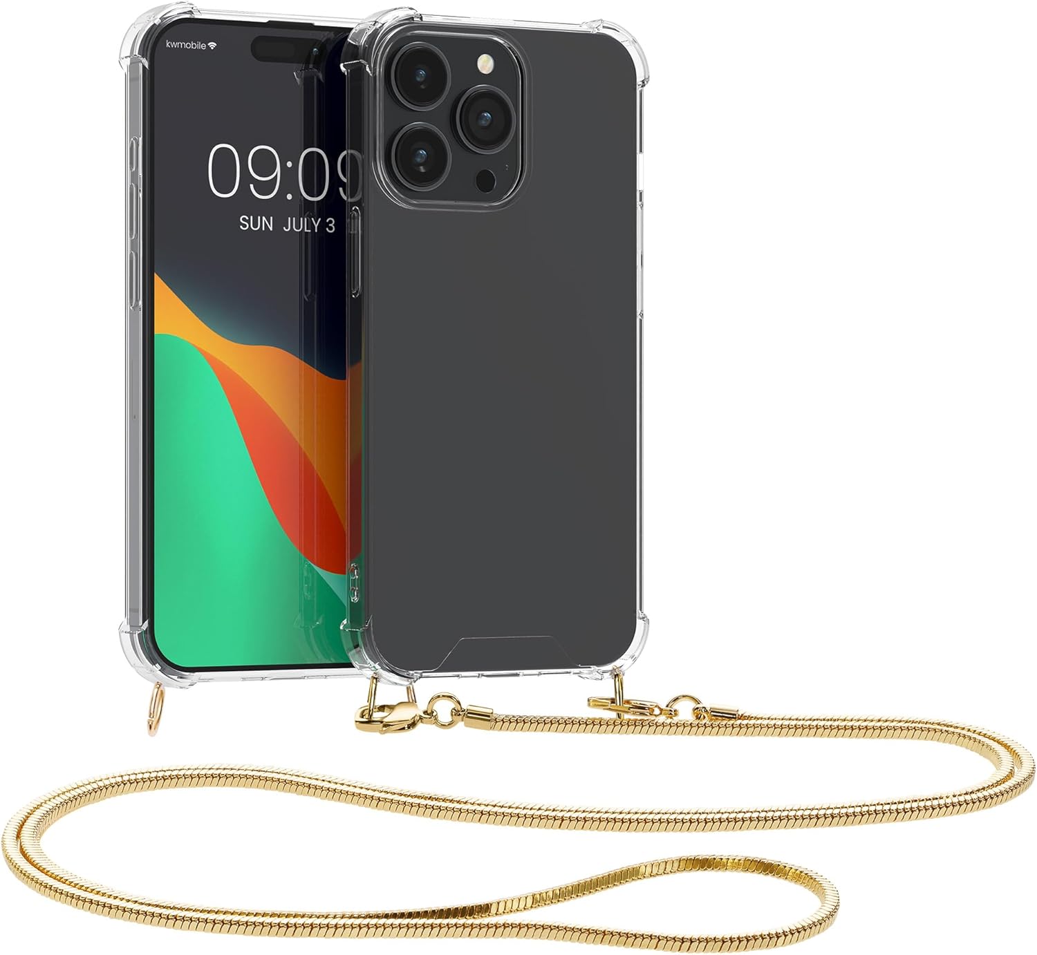 kwmobile Case Compatible with iPhone 15 Pro - Crossbody Case Clear Transparent TPU Phone Cover with Metal Chain Strap - Transparent/Gold