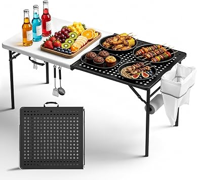 5FT Folding Table, Camping Table for Grill with Solid&Metal Grid Grilling Surface, BBQ Prep Table Portable with Carry Handle for Party Cooking, Camping, Backyard, Beach and Patio Use