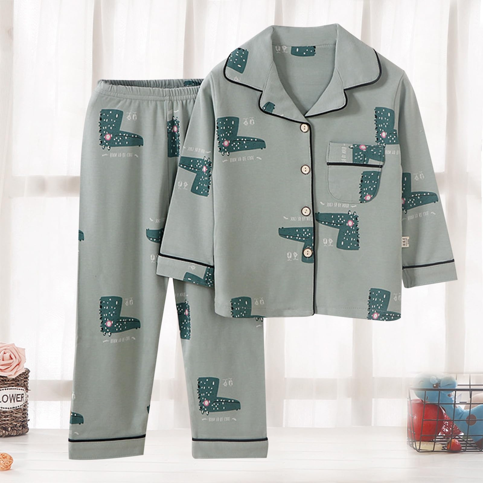 Generico Nuovi Pantaloni da Pigiama per Bambini con Stampa Carina Primavera e Autunno, Set di Grandi, Aperti, Casual, in Due Pezzi #D