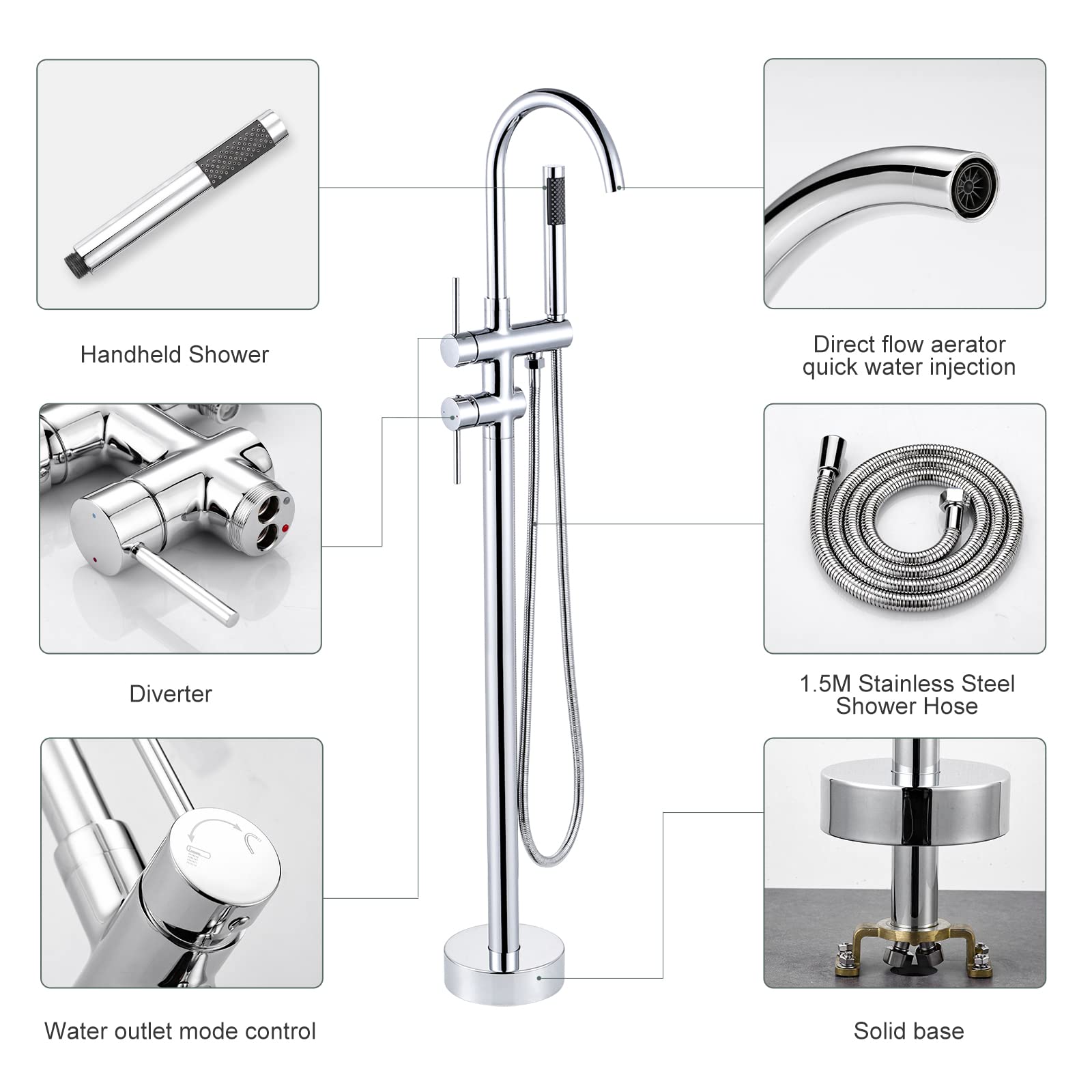 ARCORA Rubinetto Vasca a Pavimento, Miscelatore Vasca Autoportante, Rubinetto da Vasca da Bagno a Colonna​ con Doccetta, Girevole 360°, Rame e Acciaio Inox, Cartuccia Ceramica, Cromato
