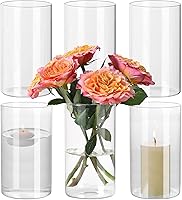 Vista 9 de Juego de 6 jarrones cilíndricos de vidrio para centros de mesa, jarrones de flores transparentes cortos de 5 pulgadas a granel, portavelas
