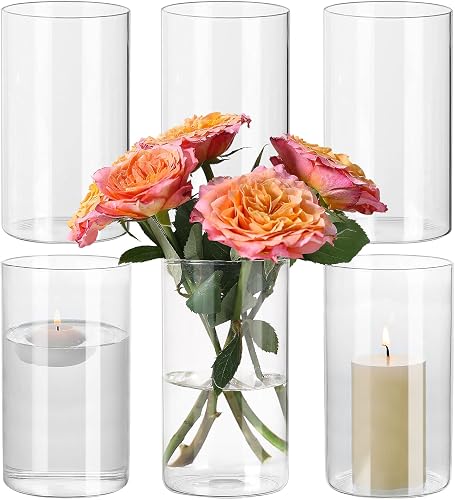 SUPMIND 6Pcs Glass Cylinder Vases, Clear Flower Vase Bulk for Centerpieces | 6 x 3.4 Inch Short Vases, Hurricane Candle Holder Small Floral Vases for Table, Floating Candle Vase for Wedding Home Décor