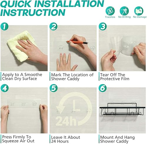 Miniatura 4 de Organizador de ducha, paquete de 3 estantes de ducha, accesorios de ducha adhesivos, estante de ducha sin perforación, almacenamiento de ducha negro
