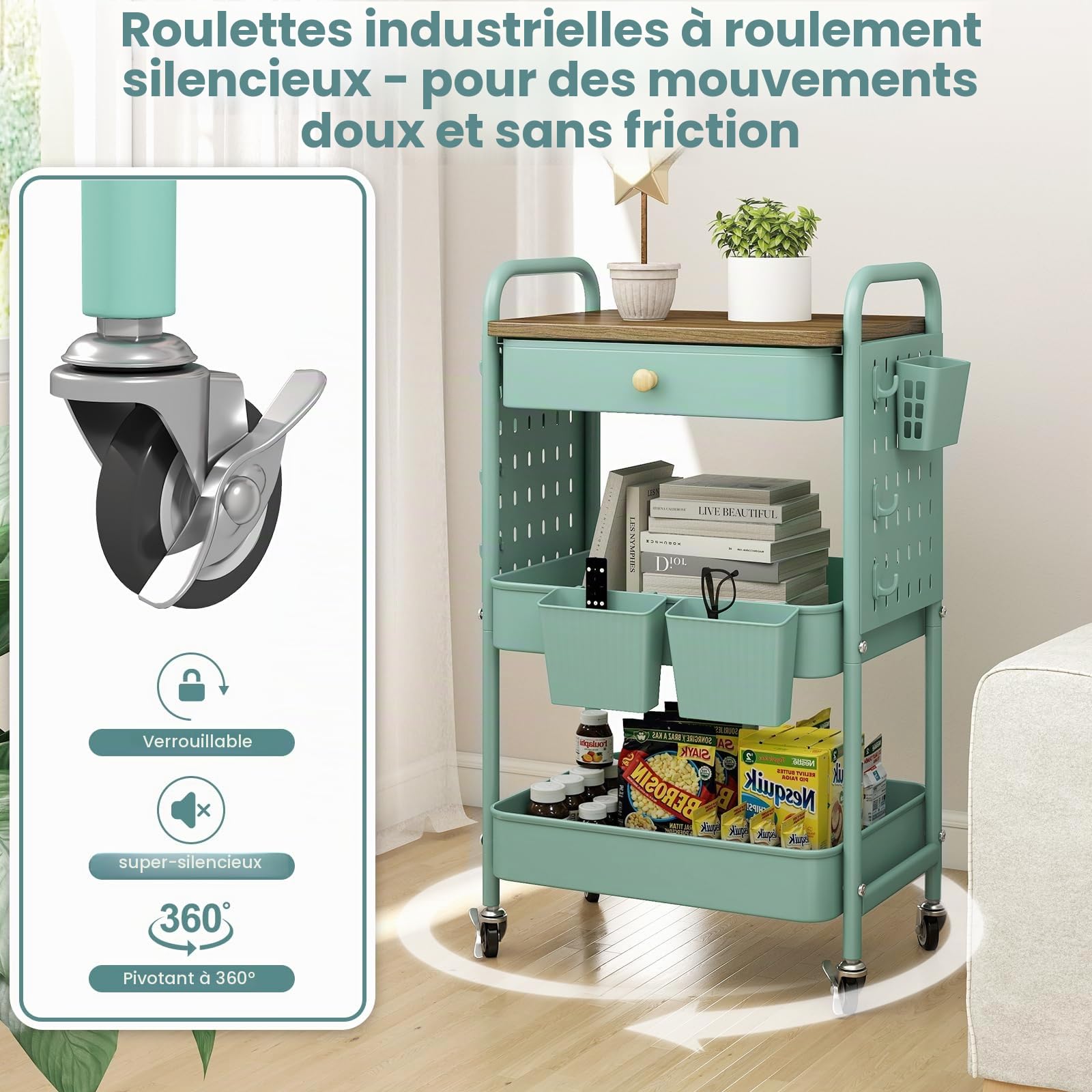danpinera Chariot à roulettes à 3 niveaux en métal avec tiroirs et panneaux perforés, chariot de service, chariot de bricolage, chariot de cuisine avec roulettes pour cuisine, salon, salle de bain