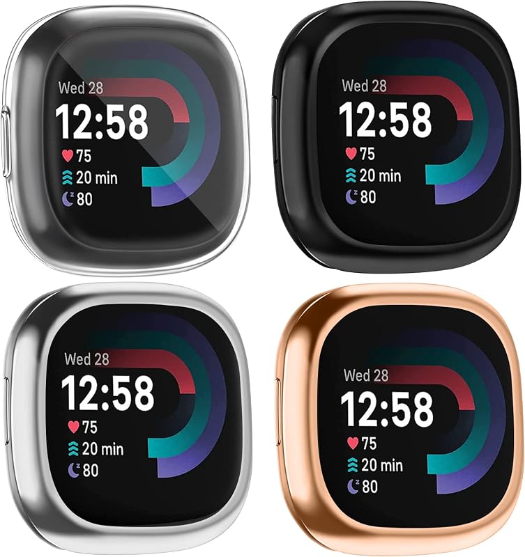 [4 Pack] Screen Protector Case Compatible for Fitbit Sense 2 / Fitbit Versa 4, Slim Fit Full Protective Cover Shockproof Bumper Glossy Soft TPU Sense 2 Case Cover (Black+Rose gold+Silver+Clear)