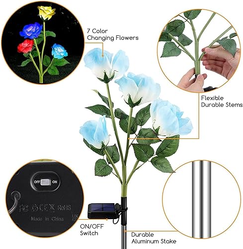 Miniatura 4 de Toonshare Luces solares impermeables para exteriores, luces solares con estaca de flores de rosa, 5 ramas de rosas, lámpara decorativa de estaca de