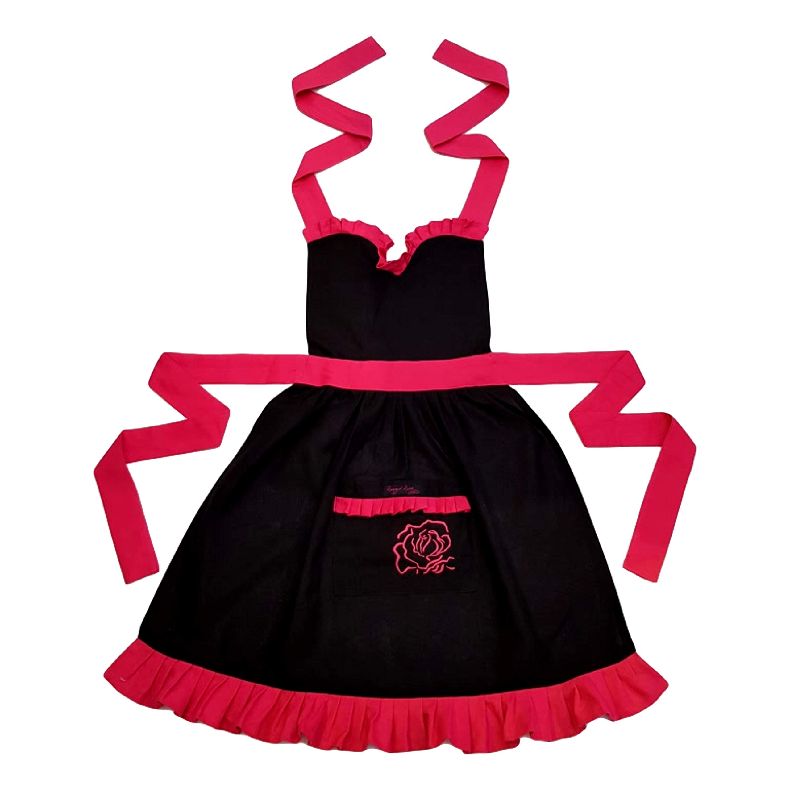 Ragged Rose Black With Pink Frilly Apron, Cotton, One Size 10-16