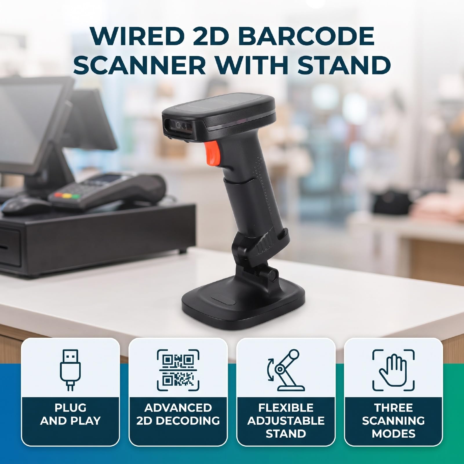 USB-kabelgebundener 2D-Barcode-Handscanner mit Ständer