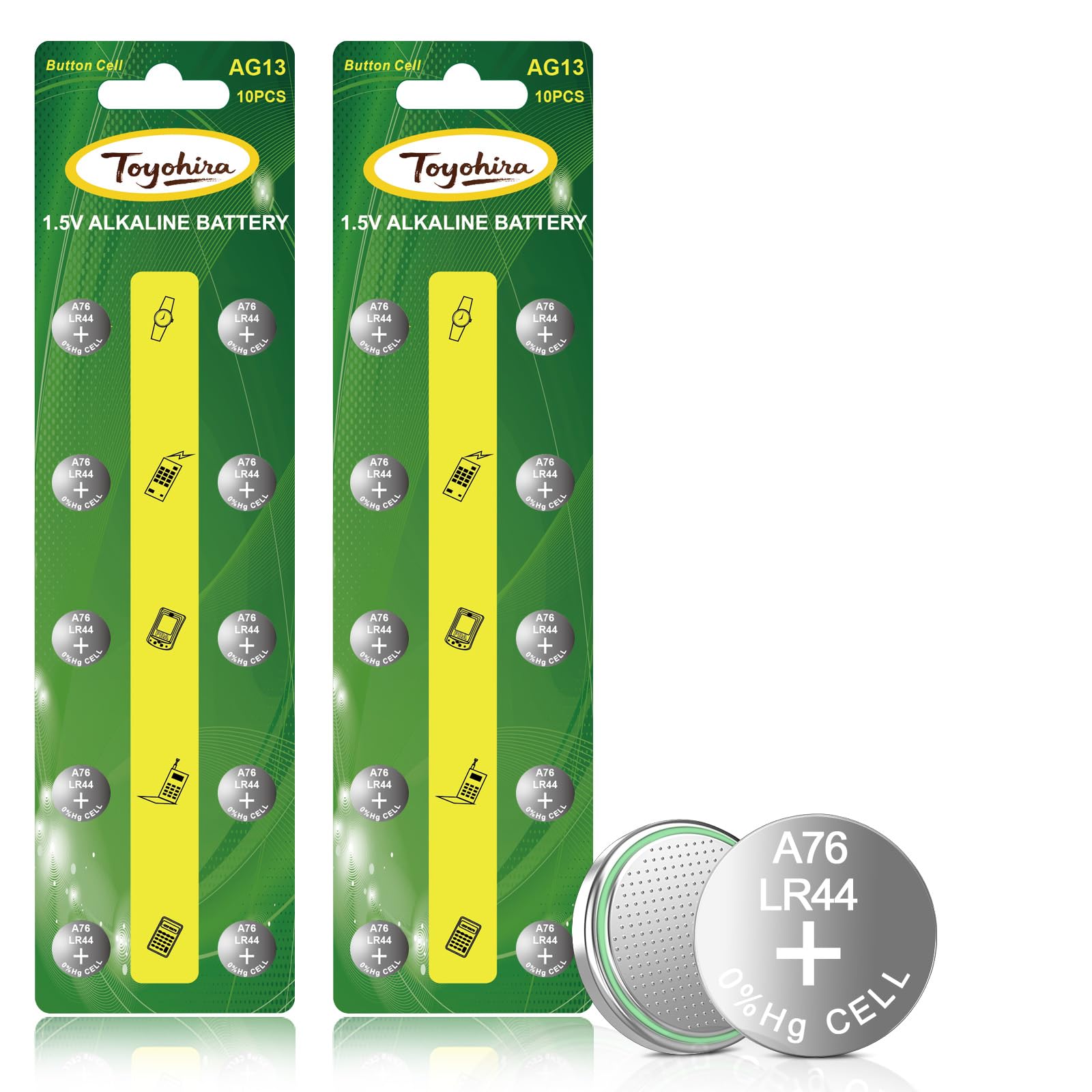 Toyohira LR44 - Confezione da 20 batterie alcaline a bottone AG13 357 303 SR44 A76 da 1,5 V per giocattoli e dispositivi elettronici