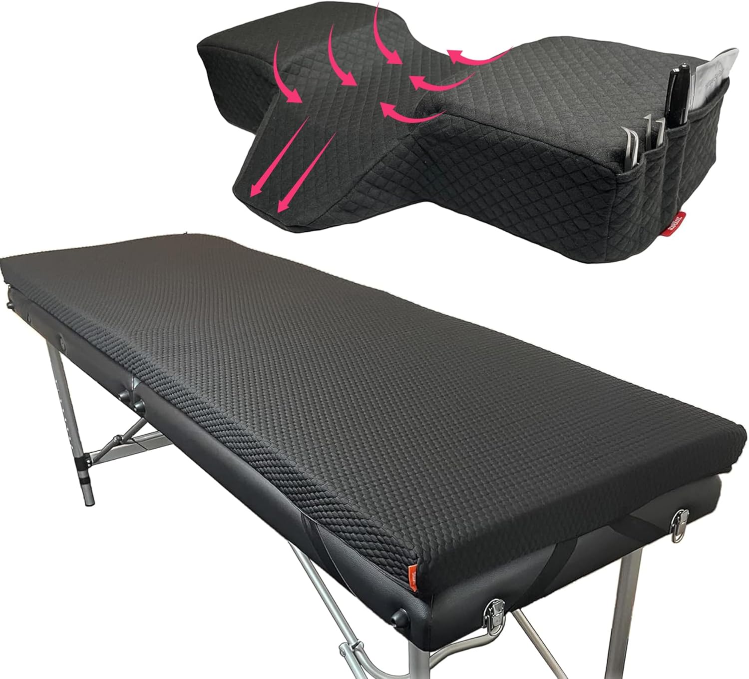 | Lash Bed Mattress + Pillow | Comfortable Mattress Topper - with Four Corner Straps & Anti-Slip Bottom | Curved Lash Bed Pillow with Neck and Back Support, Two Pockets On The Sides