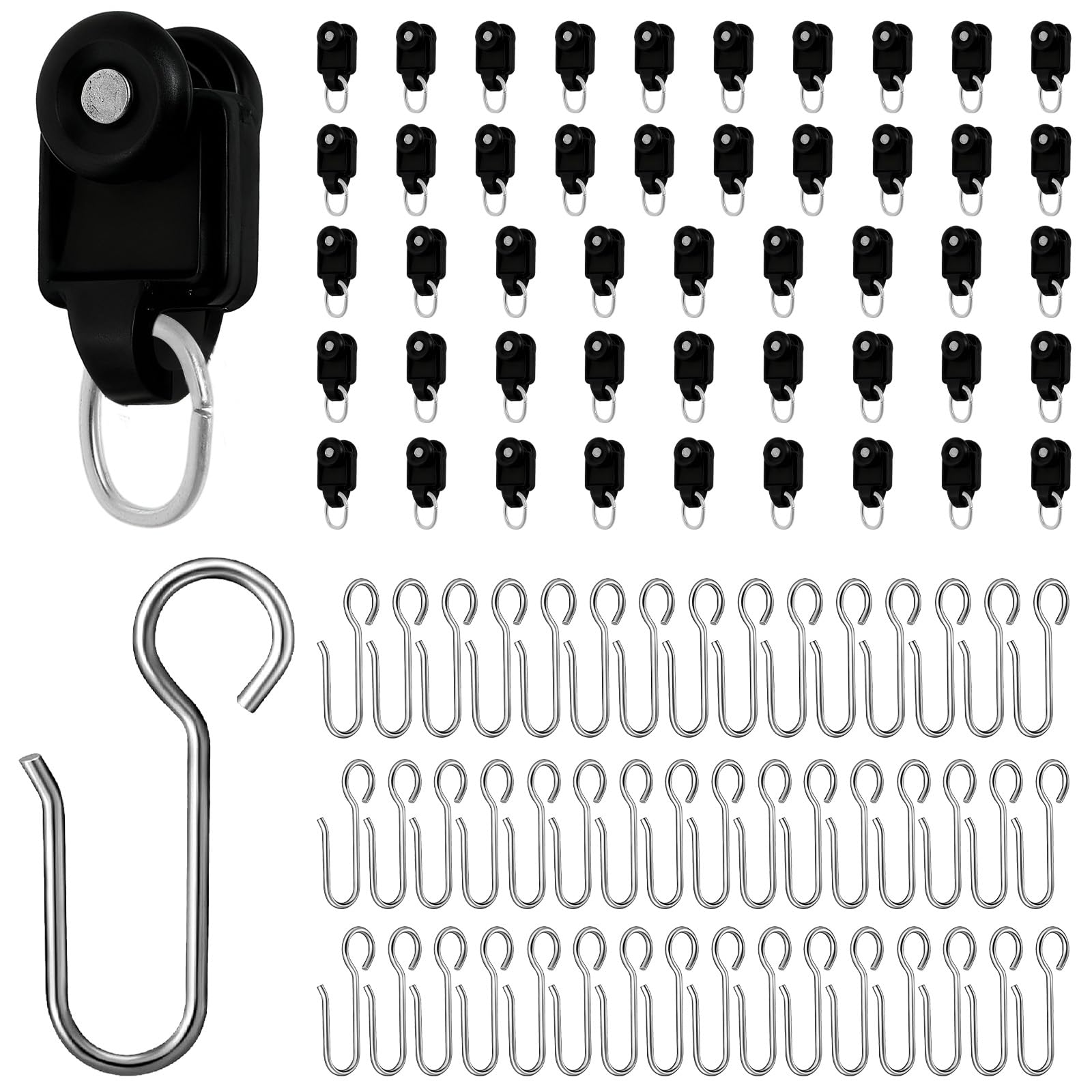 Curtain Tracks Ceiling Wall Mounted Black Thickened Style Curtain Tracks with Hook for Room Divider, Living Room, Bedroom, Office, RV (Black Pulleys, 48 Set)