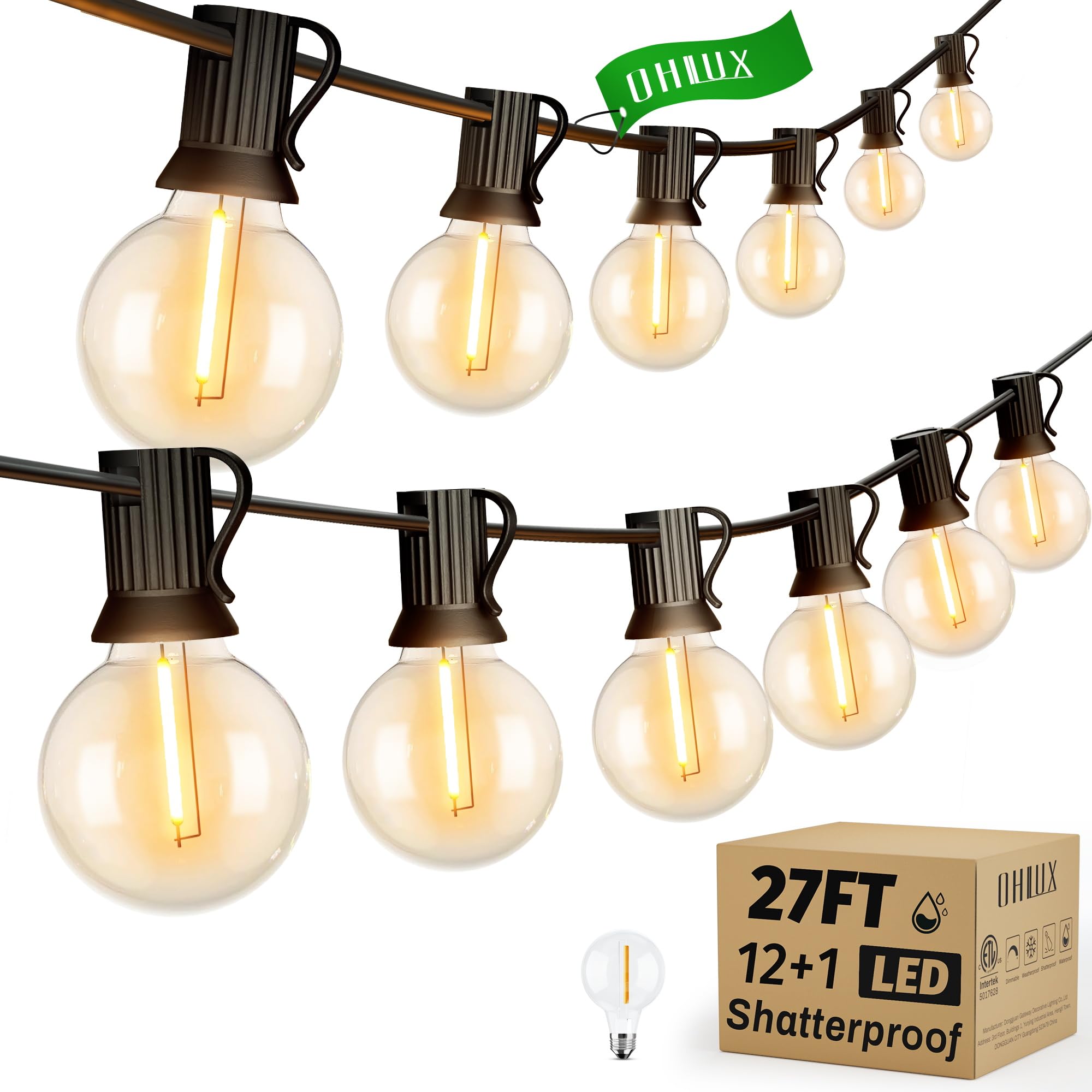 OHLUX 27FT/8m Outdoor Festoon Lights LED String Garden Lights Mains Powered with 13 G40 Bulbs, E12 Socket, 2200K Warm White, IP65 Waterproof, Connectable for Patio, Gazebo, Party — image 1
