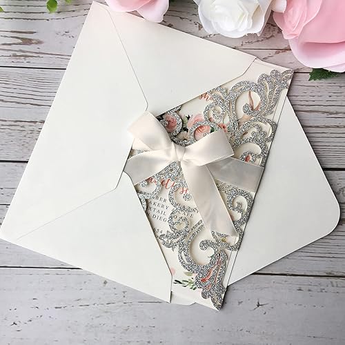 Miniatura 7 de 50 kits de invitación de boda con purpurina plateada de 5 x 7.3 pulgadas, corte láser, bolsillo floral hueco, invitaciones de boda impresas