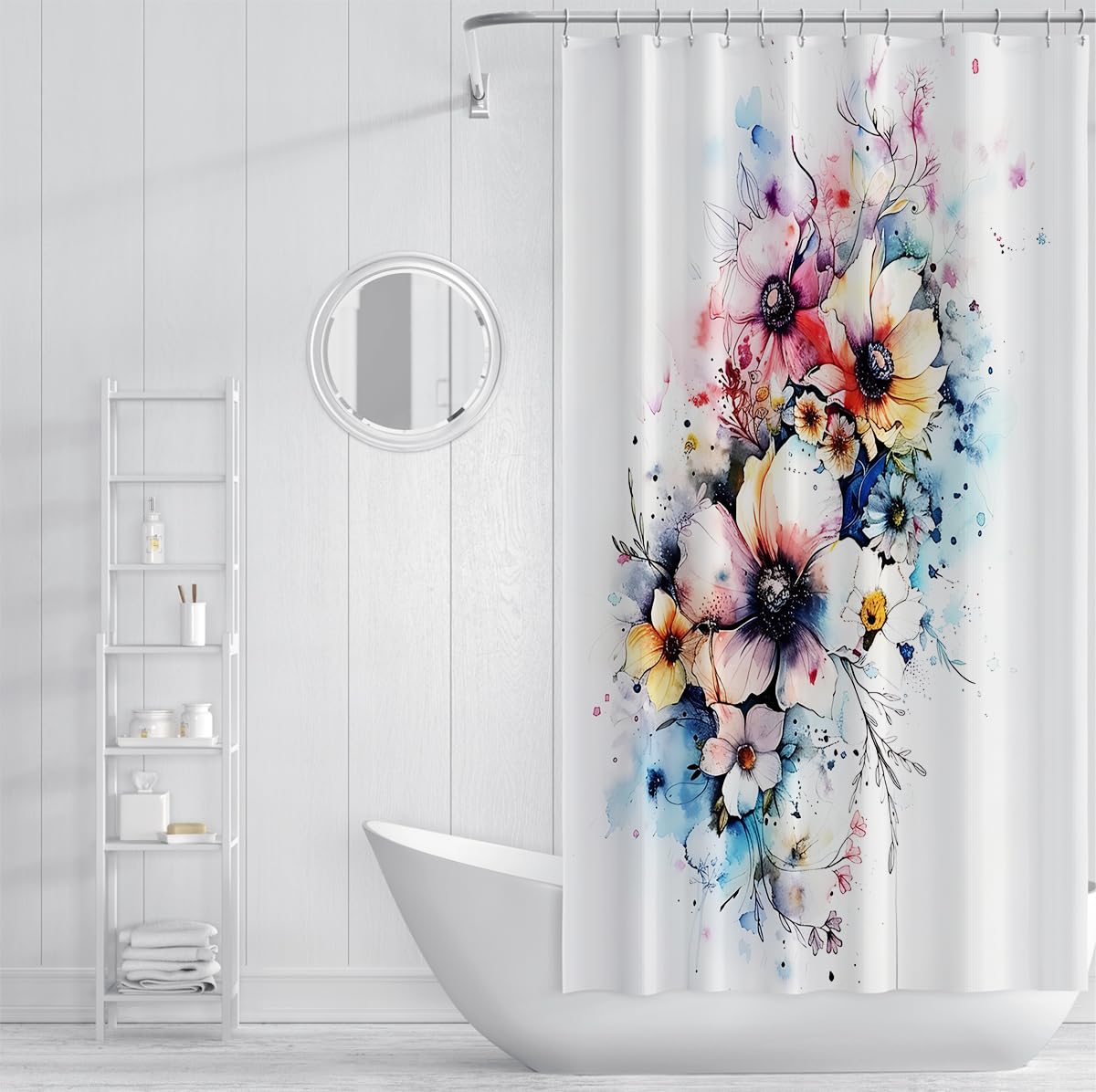 Rideau de Douche en Tissu étanche en Fleur Fleurie, Grands Accessoires de Salle de Bain à imprimé Floral Printemps-été, Rideau en Polyester Lavable pour Cabine de Baignoire W150xL200 cm