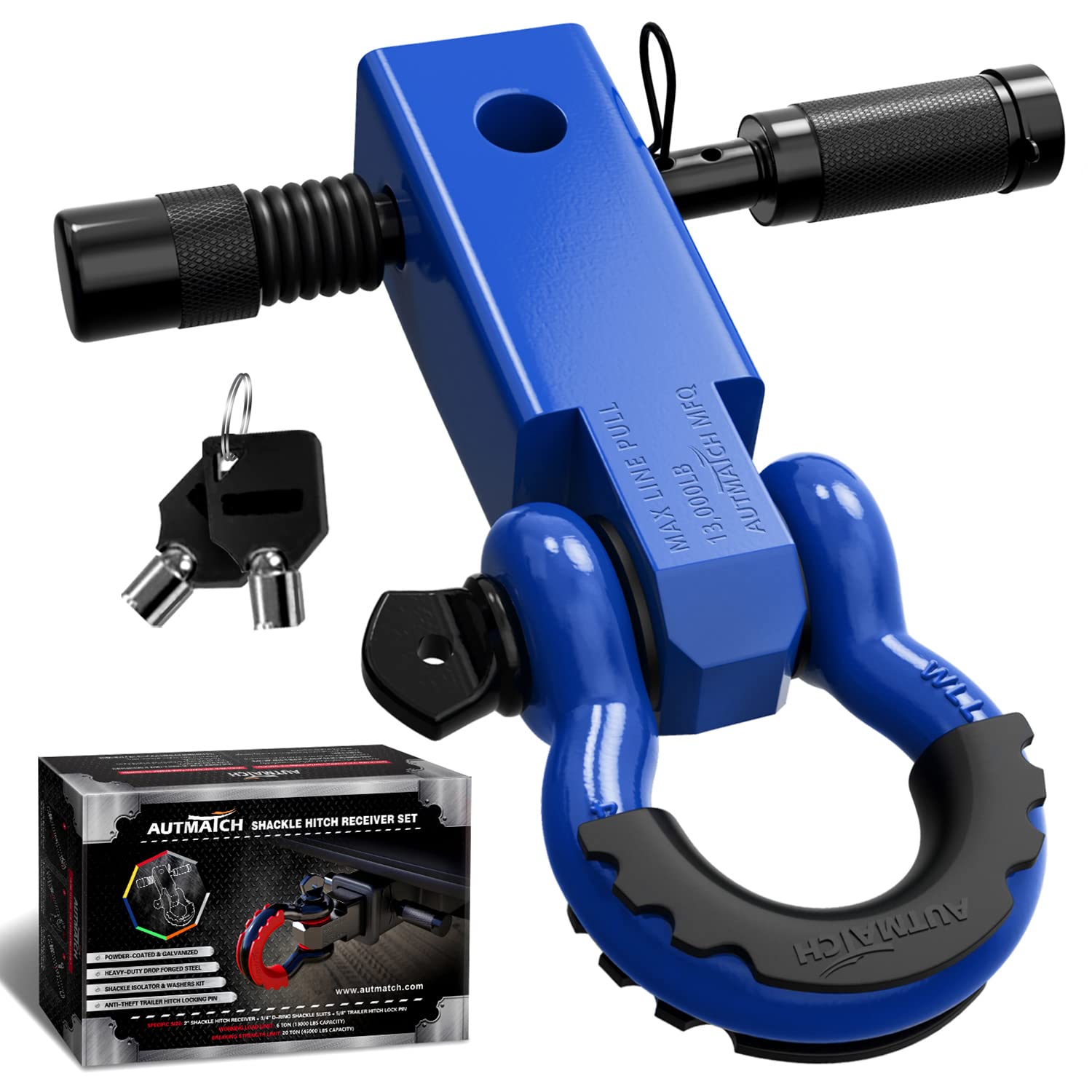 AUTMATCH Shackle Hitch Receiver 2 Inch - 3/4" D Ring Shackle and 5/8" Trailer Hitch Lock Pin, 45,000 Lbs Break Strength Heavy Duty Receiver Towing Kit for Off-Road Vehicle Recovery, Blue