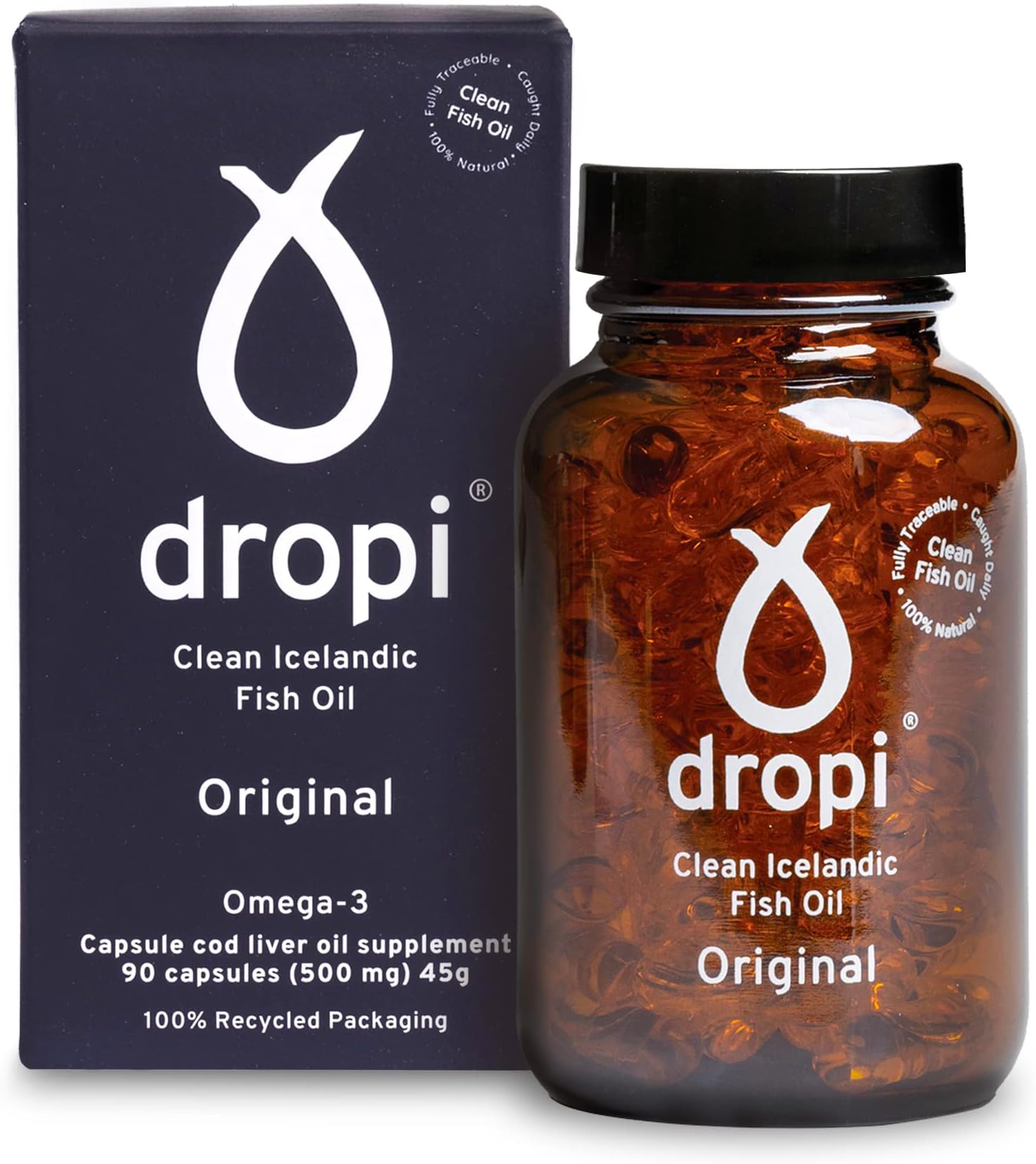 Dropi Icelandic Fish Oil - Extra Virgin Cod Liver Oil (EVCLO) - Natural Source of Vitamin A & D3 - Cold-Processed, Traceable & Pure from the Westfjords Pristine Atlantic Fishing Grounds (90 x 500mg)