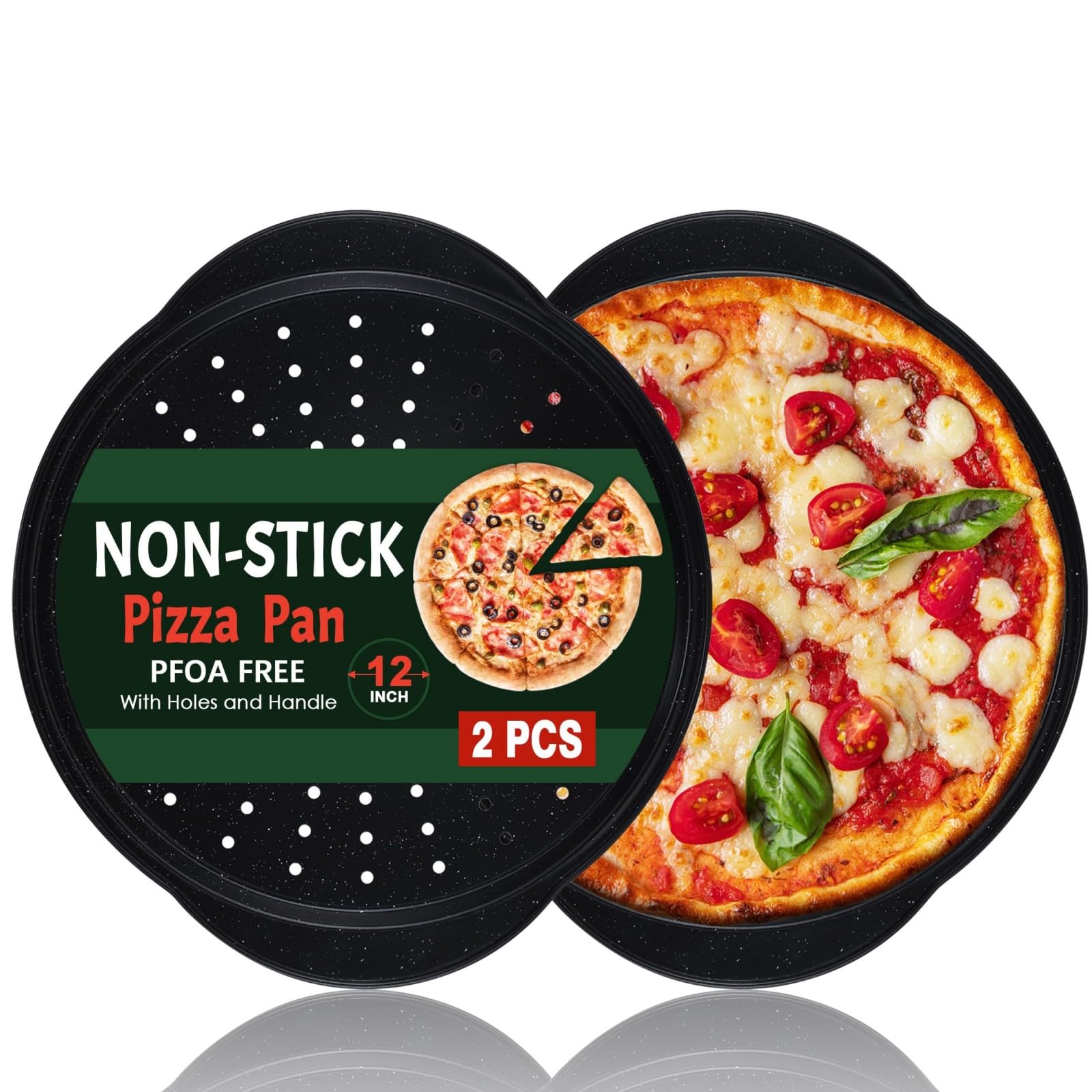 hunnycook 2P Non Stick Pizza Tray - 12” Round Pizza Pan with Holes and Handle, Carbon Steel Pizza Trays for Baking Oven, Dishwasher Safe, PFOA Free