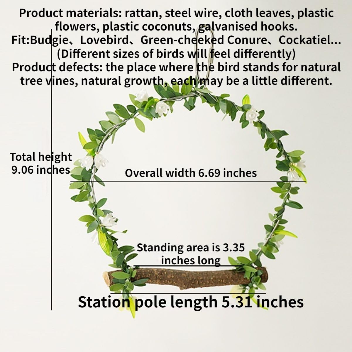 Wooden Bird Swing with Green Decor for Parrot, Perch Parrot Hanging Toy for Small Sized Birds Lovebird Budgie Conure