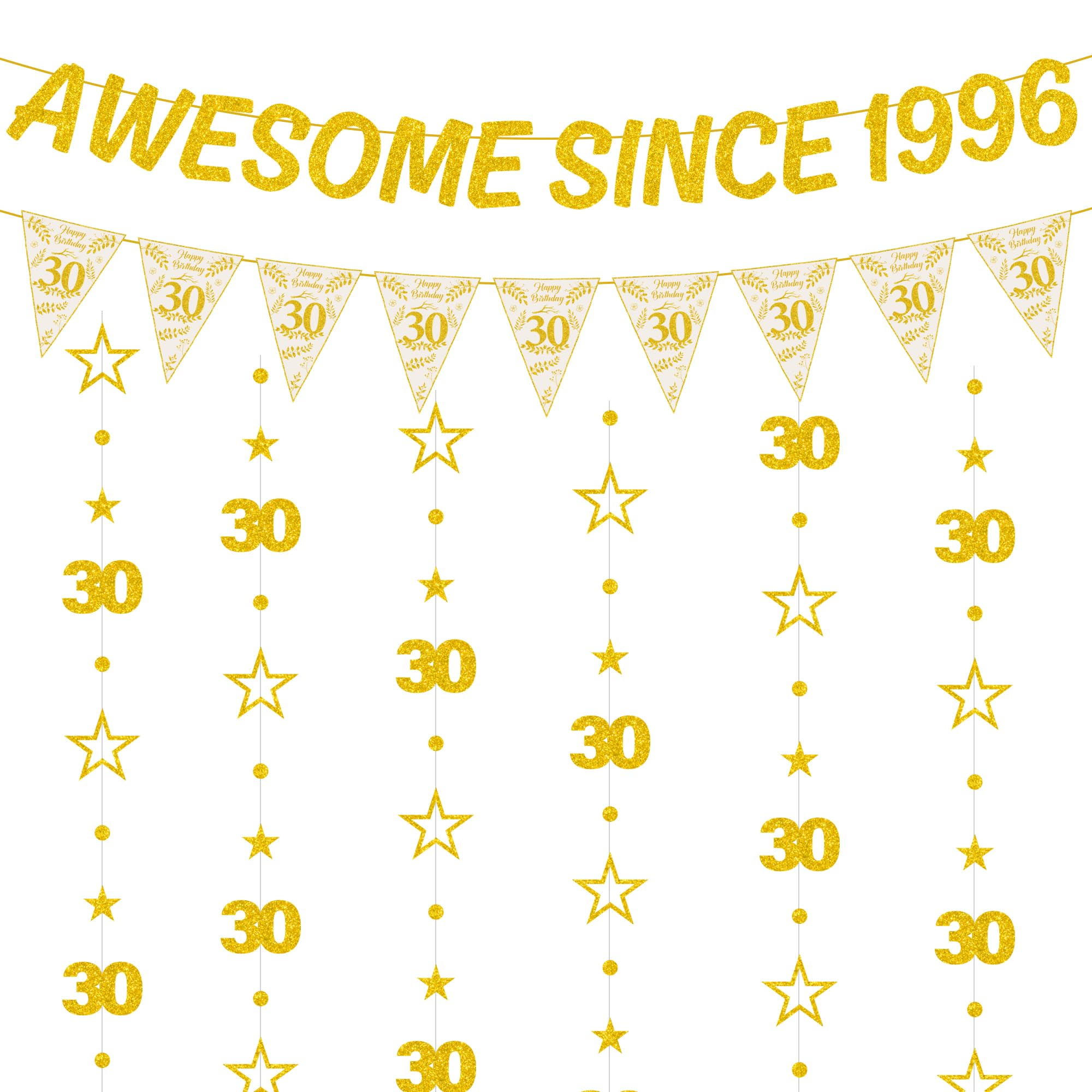 30th Birthday Decorations Women Men - 8 Pcs Gold Awesome Since 1996 Banner, Triangle Flag and Hanging Garland With Sparkling Gold Stars and 30 Number for 30th Party Supplies