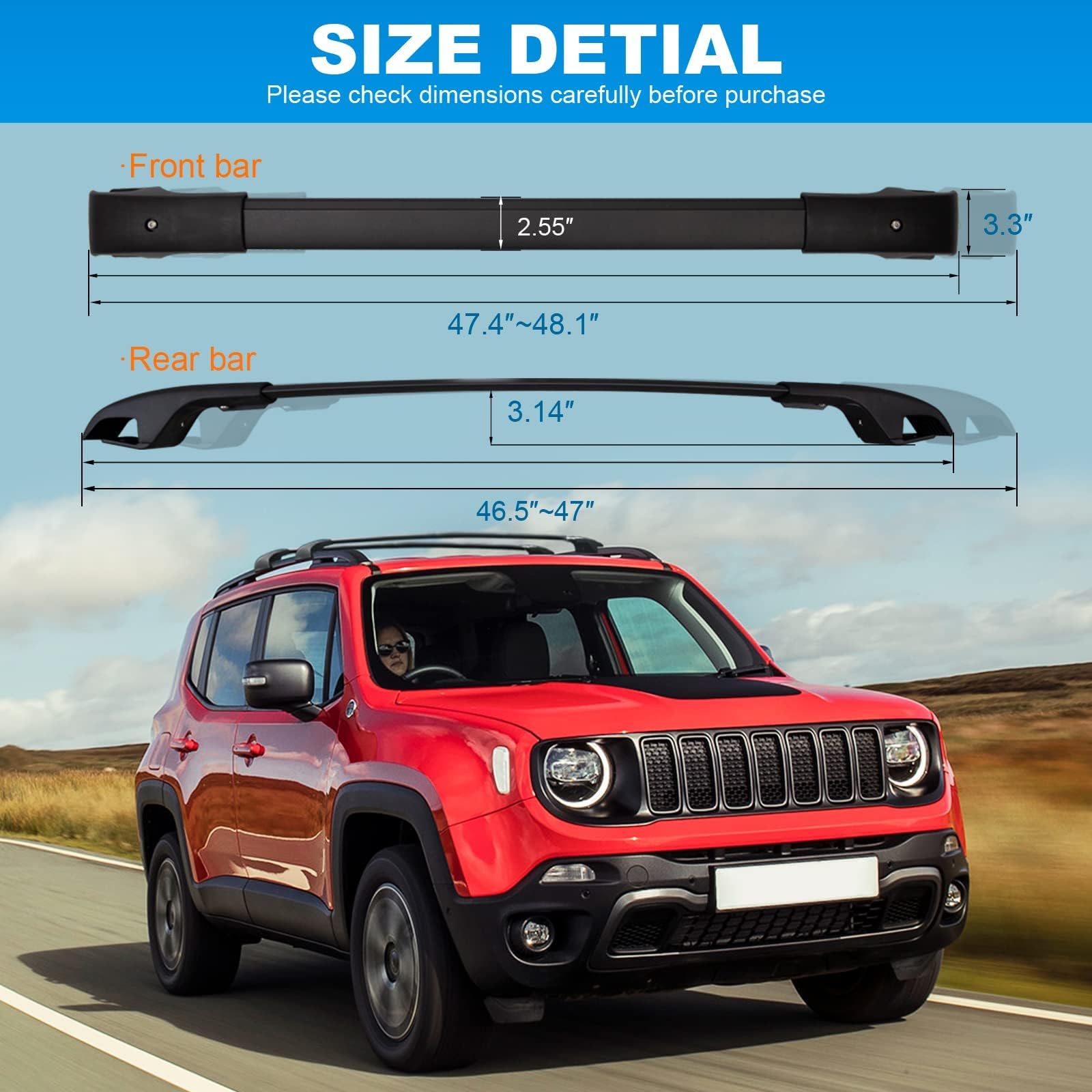 Barre Portatutto Ace-1 Per Jeep Renegade (BU) 2014-2025 – 3 Barre In Alluminio Anodizzato Nero, Portata 75 Kg
