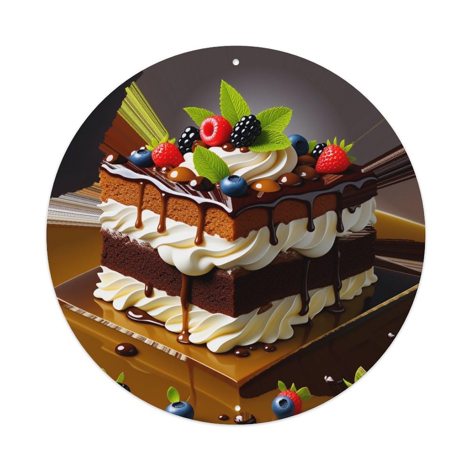 Chocolate Cake With Berries And Cream Round Tin Sign Retro Metal Sign for Cafe Bar Pub Home Game Room Gym Club Wall Decoration Vintage Metal Poster 8x8 Inch