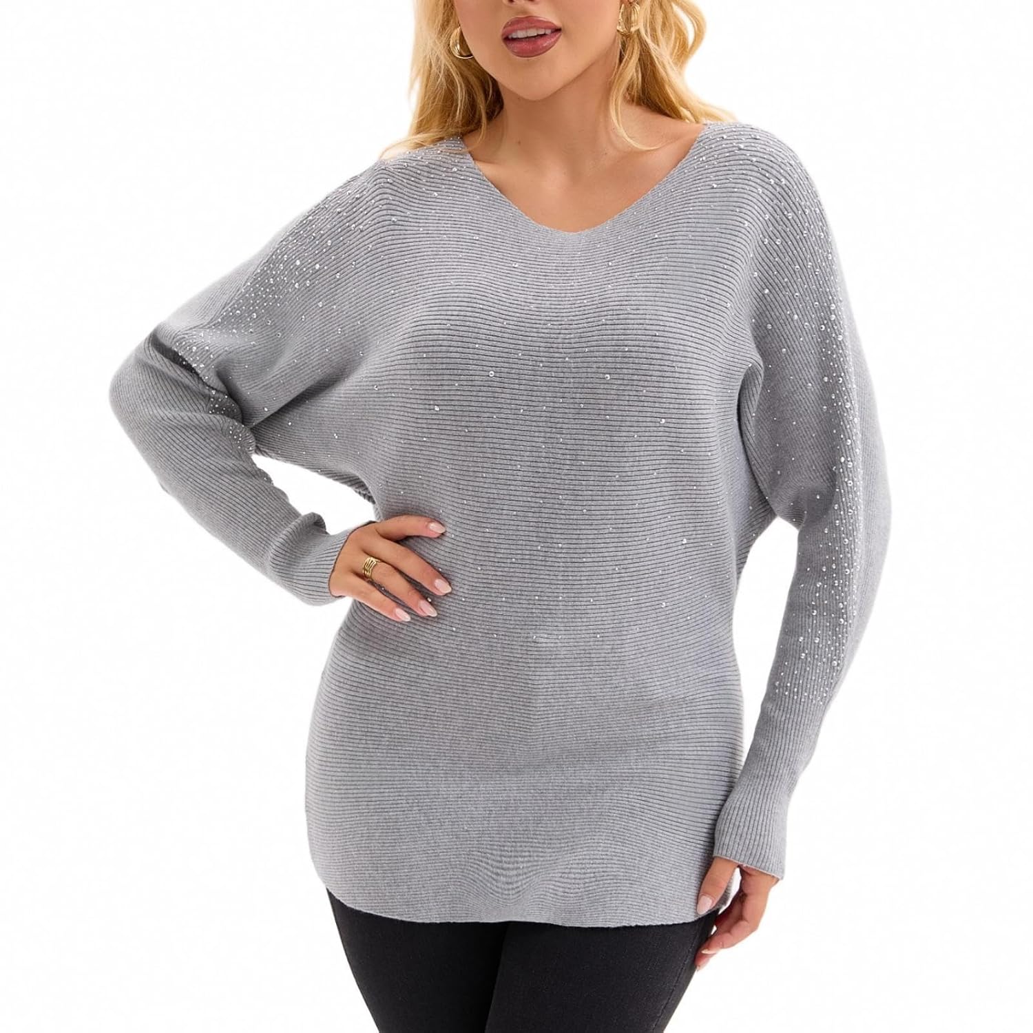 Froggirl Womens Batwing Sleeve Rhinestone Pullover Sweater Ribbed Knit Tunic Top Loose Fit Elegant Sparkle Sweater