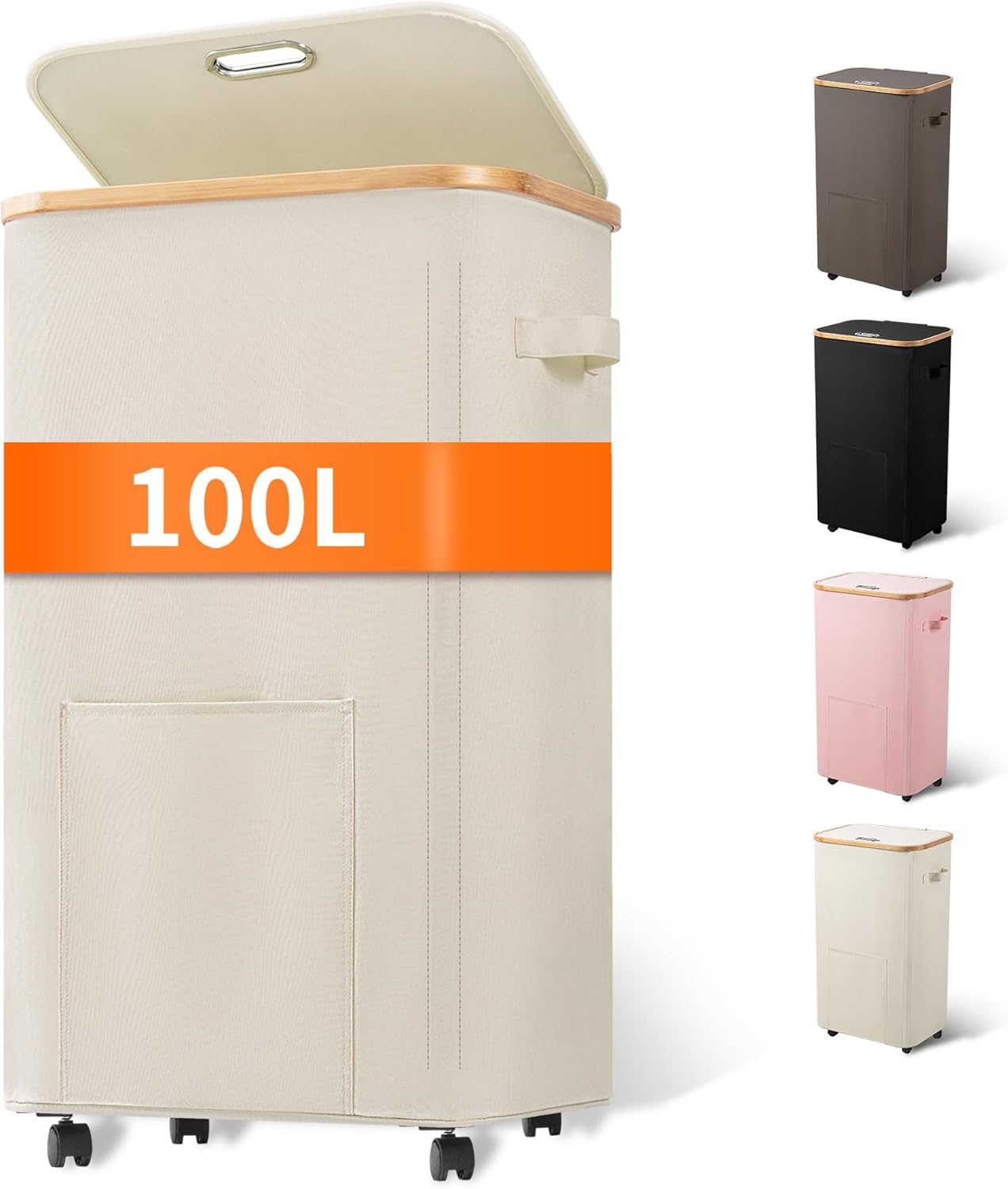 Laundry Basket with Wheels, Tall Dirty Clothes Hamper on Wheels, Rolling Laundry Hamper with lid for Dorm, Bedroom and Bathroom (Beige, 100L) 100L Beige