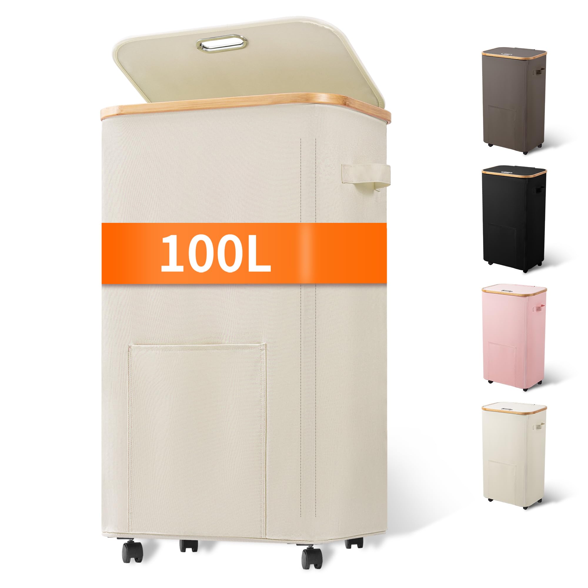 Laundry Basket with Wheels, Dirty Clothes Hamper on Wheels, Rolling Tall Laundry Hamper with lid for Laundry Room, Dorm and Bathroom, 100L Beige