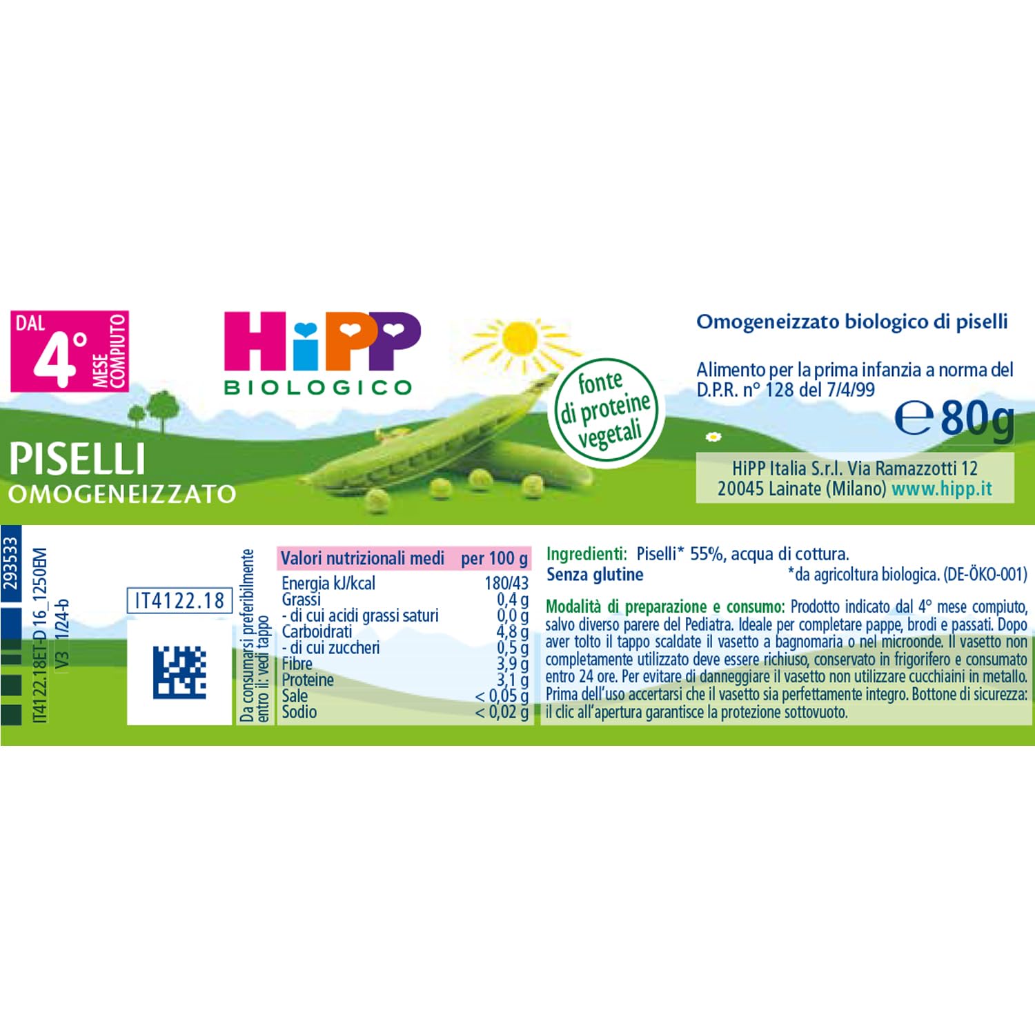 HiPP - Omogeneizzato Biologico per Neonati, Gusto Piselli, Senza glutine, Senza Sali e Aromi Aggiunti, 24 Vasetti da 80 gr