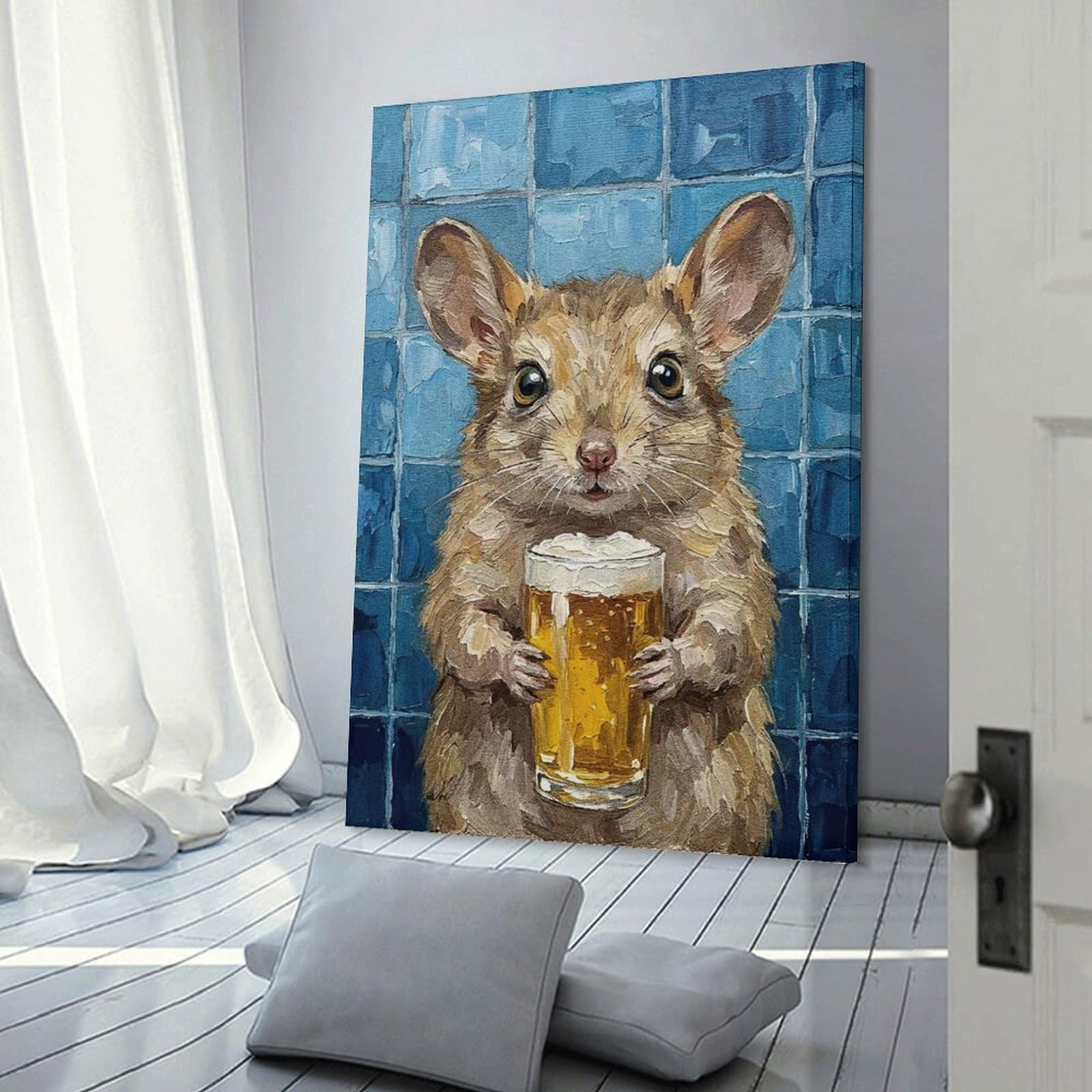 Junmoney Frame-Style-7 Mouse With Beer Painting Room Decor Wall Art 20X30inch(50X75cm), For Entrance Walls, Hall Decor Or Foyers, A Neat Decor Update For Hallways