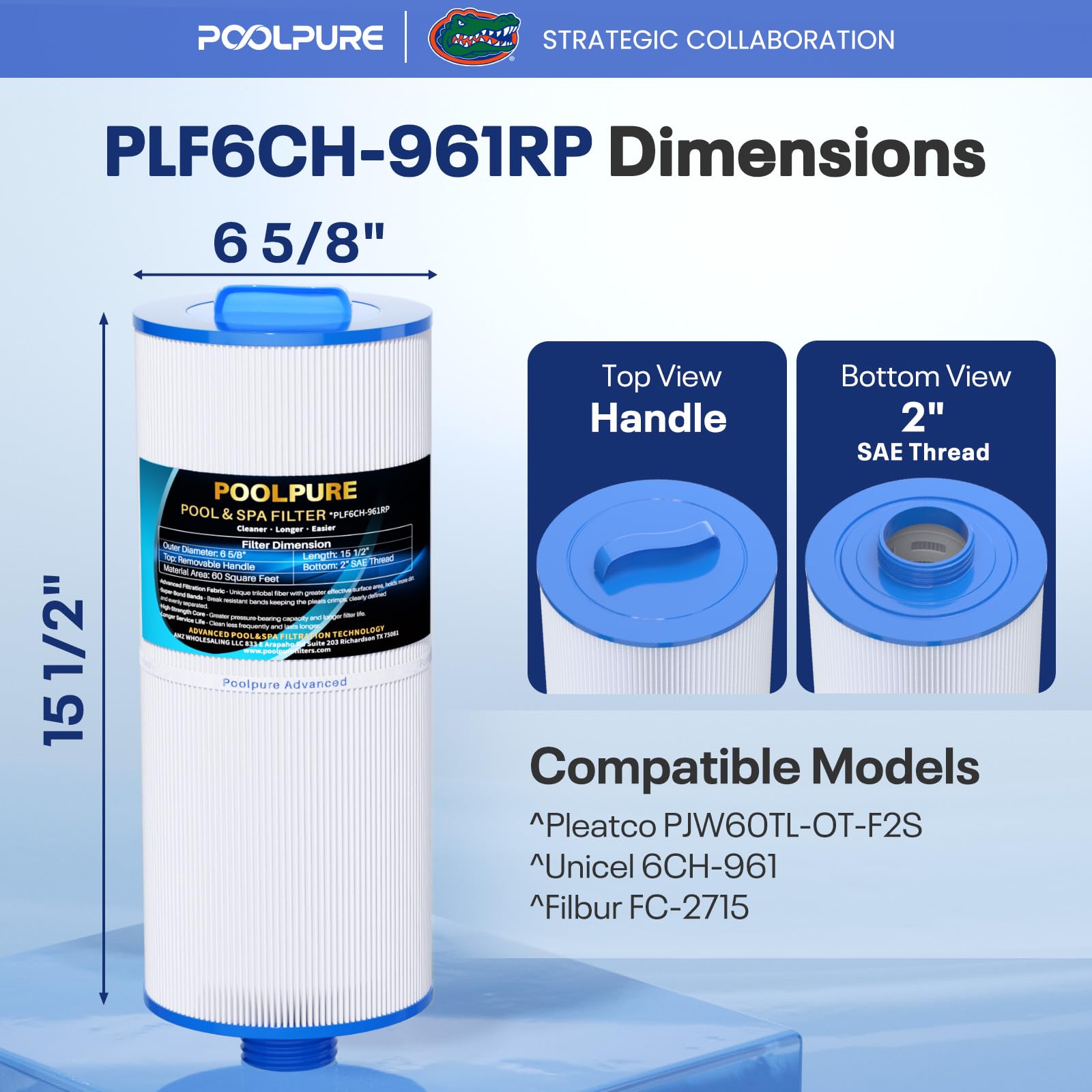 POOLPURE Filtre Sap PLF6CH-961RP remplace PJW60TL-OT-F2S, PJW60TL-OT_x005f, Jacuzzi Prem J300, J400, Unicel 6CH-961, Filbur FC-2715, 6541-383, 6540-476, 60 S60 q.ft Cartouche filtrante Lot de 2