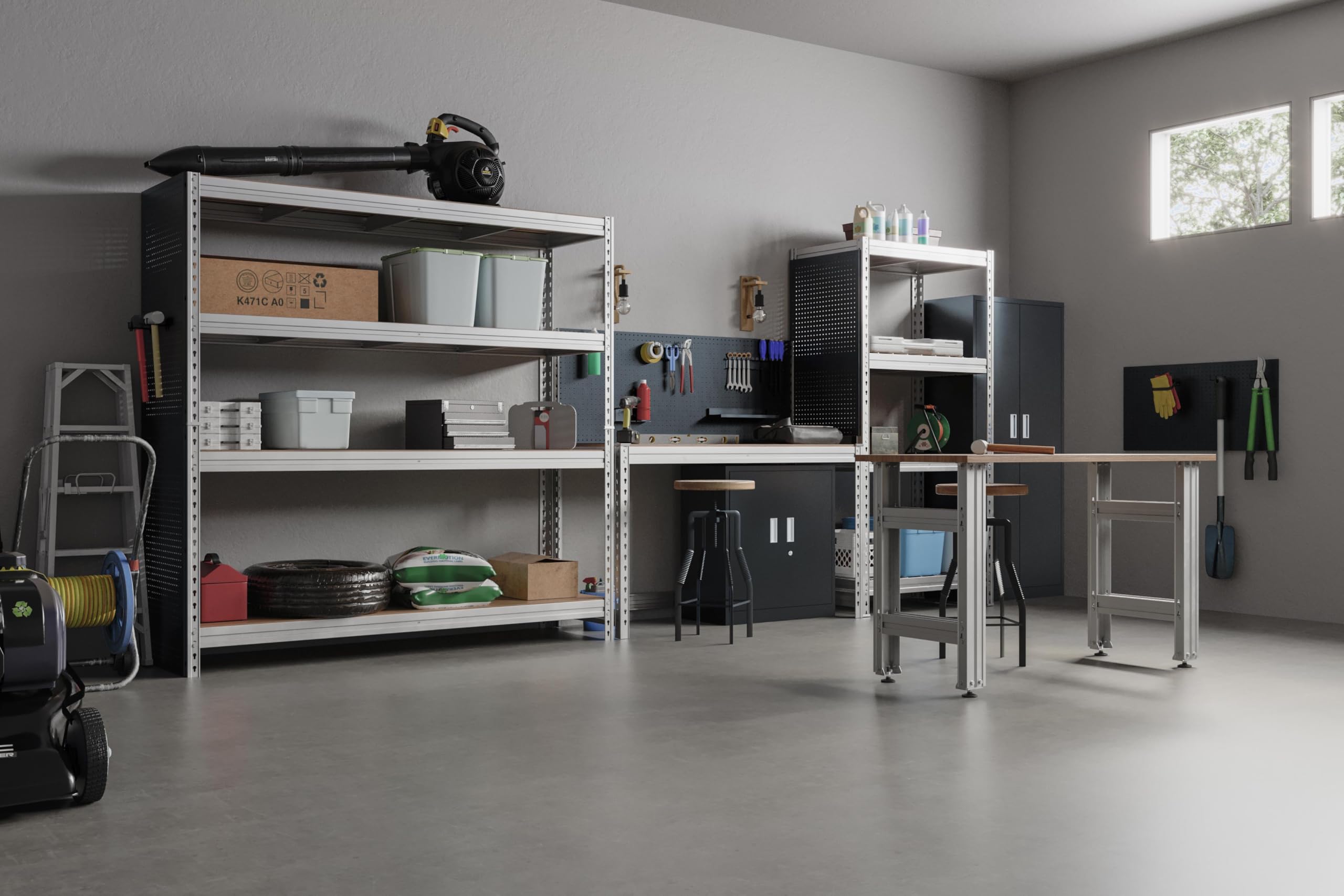 Master Rax Werkbank mit Stecktafel 150x150x60 cm – Traglast 300 kg – verzinkter Stahlrahmen – DTD-Arbeitsplatte 18 mm – werkzeuglose Montage – mit Lochwand – für Werkstatt & Garage