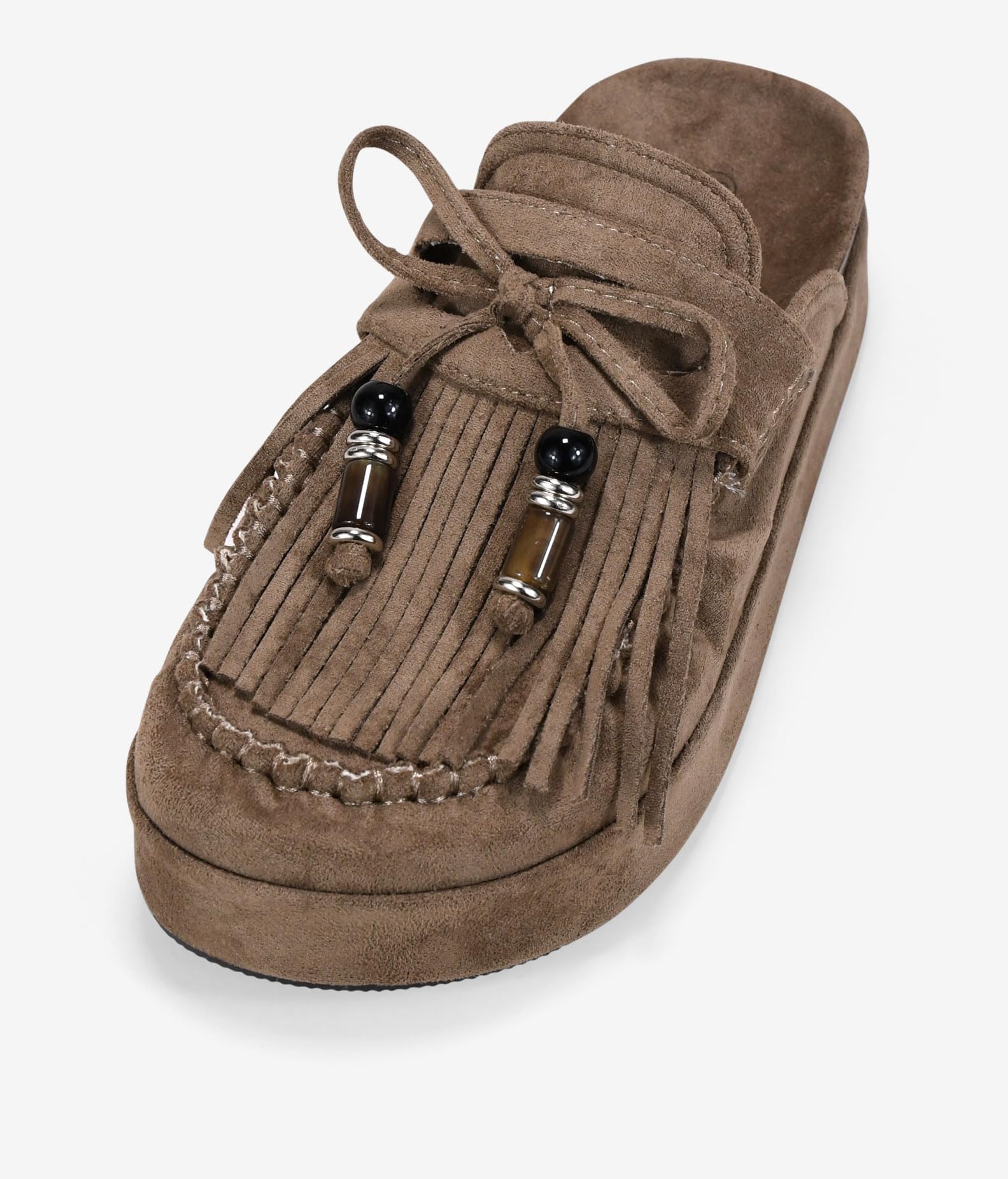 BOSANOVA Zuecos de Plataforma para Mujer en Ante con Flecos y borlas Decorativas y Suela Bio de Corcho con Plataforma Forrada. Sin Cierre. Calzado para Mujer