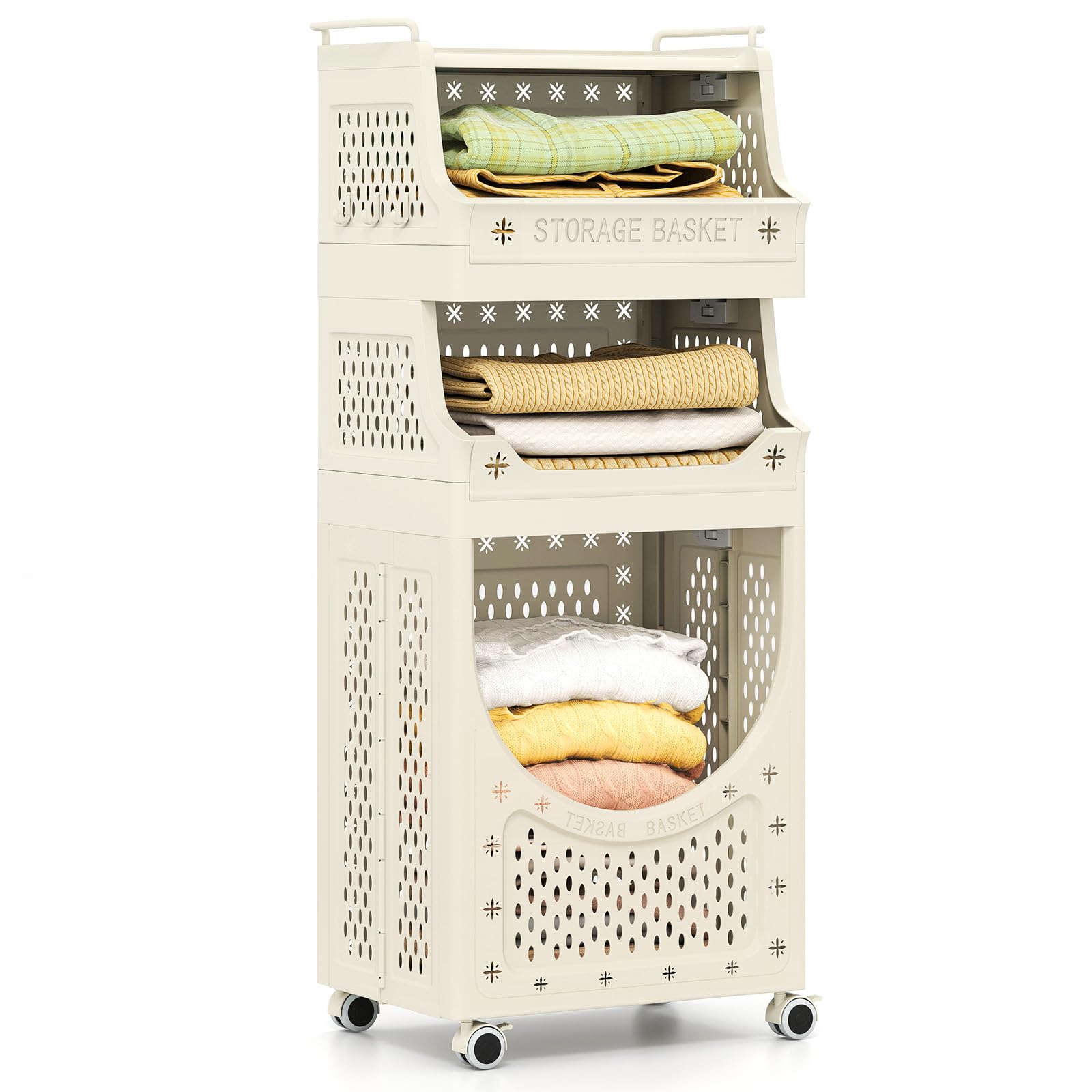 GOPLUS Carrito para Ropa Sucia con Ruedas, Cesta de Ropa con 3/4 Estantes y Cubo Extraíble, Compartimento Abierto y 6 Ganchos, Contenedor Plegable Plástico para Baño Lavandería (21L+21L+40L)