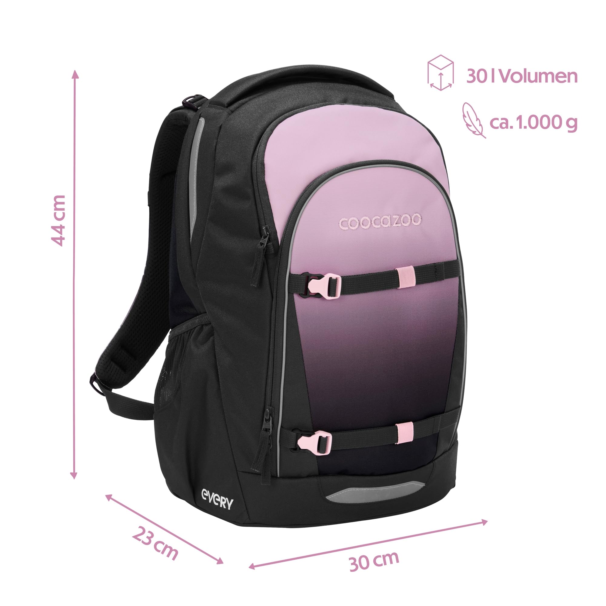 Coocazoo Schulrucksack EVERY „Rose Shadows“, schwarz-rosa, ergonomischer & anpassbarer Tornister, höhenverstellbar, mit Brustgurt & Hüftgurt, ab der 3. Klasse