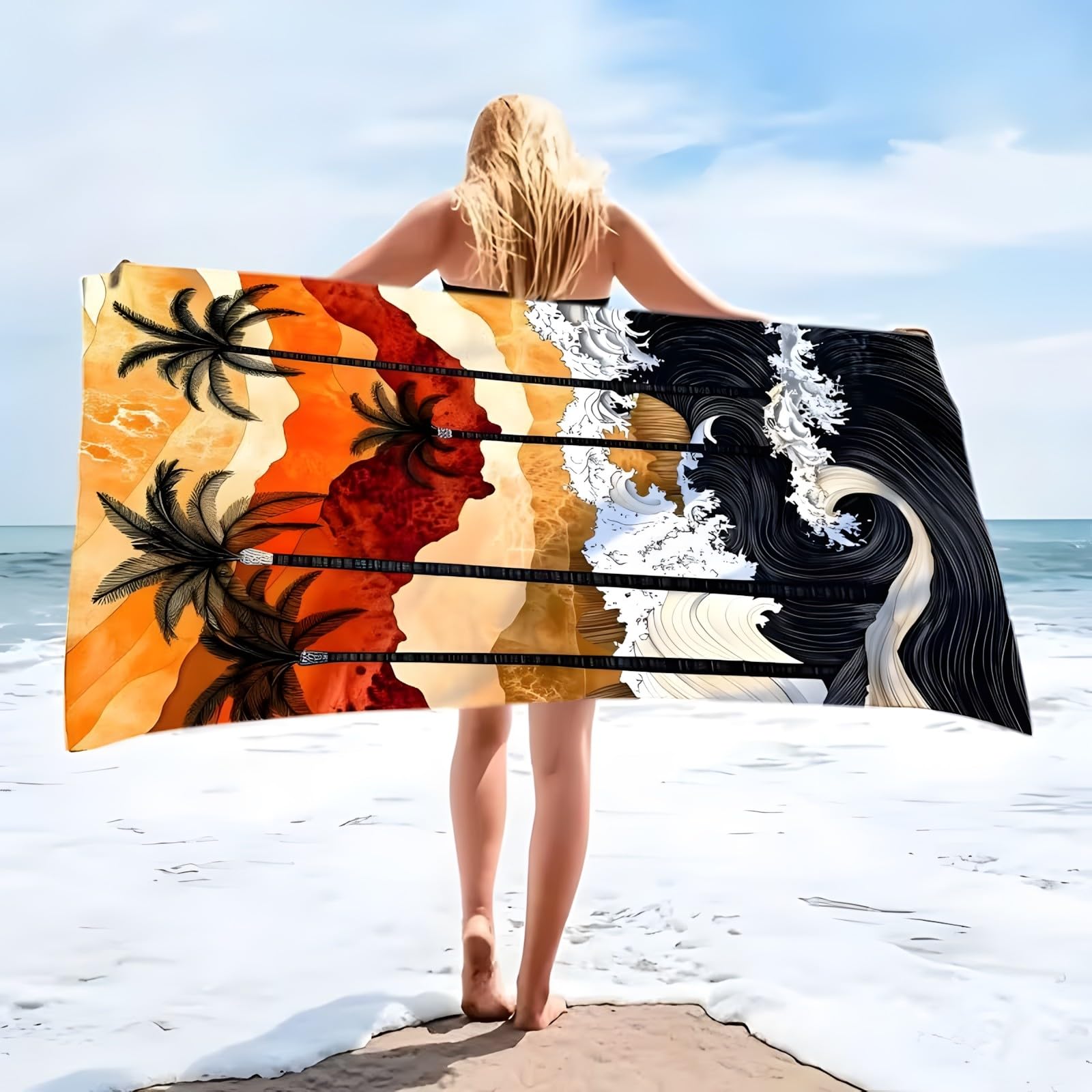 Yzqglhp Women's Coconut Palm Microfibre Beach Towel Waves Beach Bath Towel Quick Drying, Lightweight, Sand-Free, Durable, For Pool, Gym, Camping, Travel Towel 70X130cm