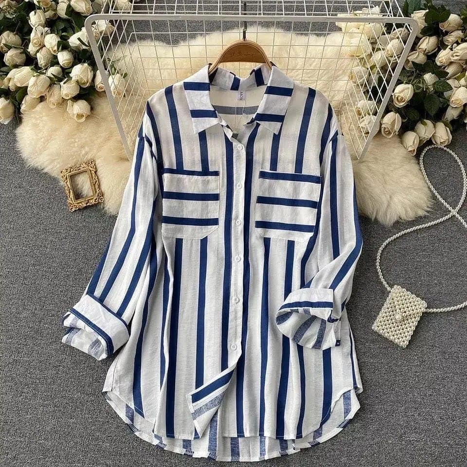 Image of ROYALICA Women's Orange & White Striped Cotton Blend Oversized Casual Shirt