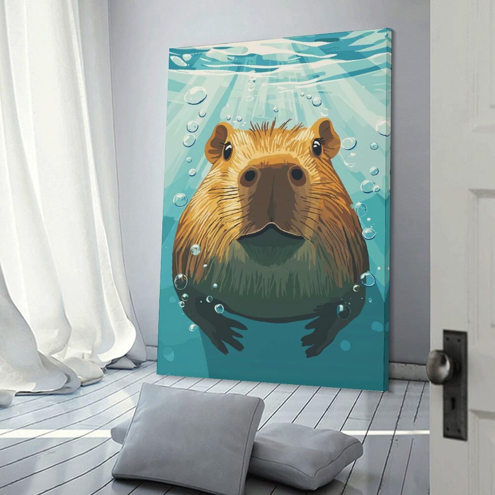 Junmoney Frame-Style-23 Capybara Swimming Underwater Illustration Canvas Wall Decor, 20X30inch(50X75cm), For Flats, Guest Rooms Or Compact Rooms, Decorative Canvas Decor For Home Updates