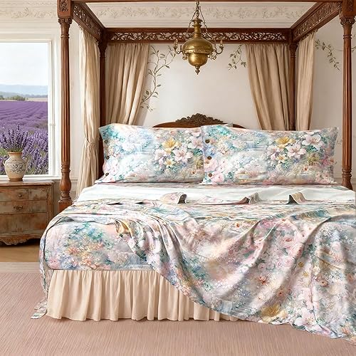 Miniatura 9 de Zusbest Juego de sábanas florales tamaño King de 400 hilos, 100 % algodón, cálido, lujoso, rosa, verde, con botones, 4 piezas, doble cepillado,