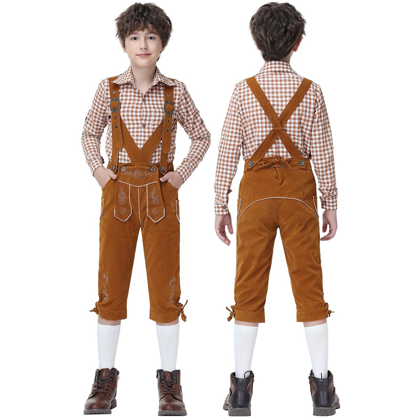 Trachten Lederhose Jungen Kniebund Trachtenhose mit Hosenträger Bestickt Kinderlederhose Trachtenlederhosen für Oktoberfest Wiesn und weitere Feierlichkeiten Bayrische Traditionelle Lederhosen