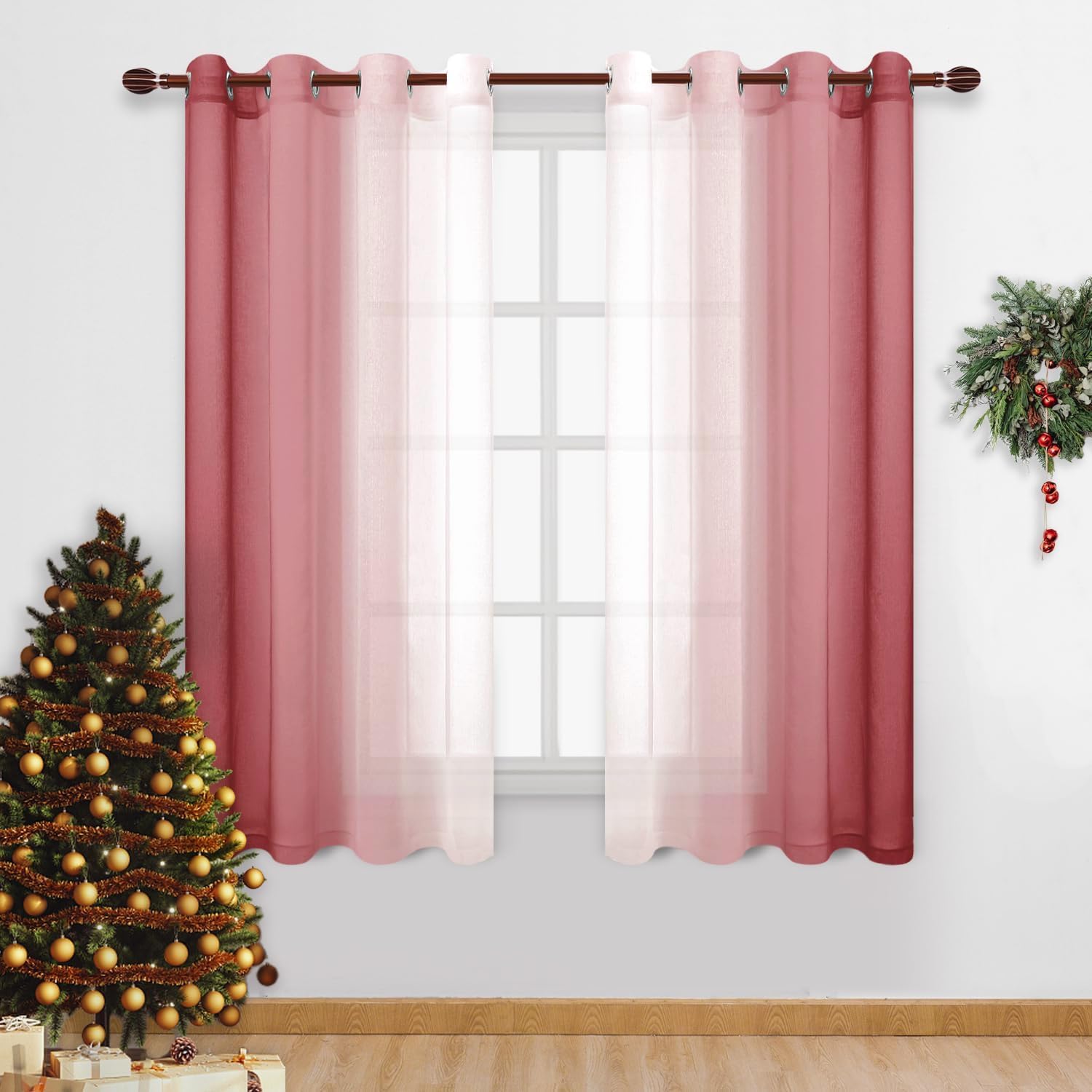 DWCN Ombre Sheer Curtains - Faux Linen Semi Voile Gradient Bedroom and Living Room Curtains, Set of 2 Grommet Top Window Drape Panels, 52 x 63 Inch Length, Burgundy — image 1