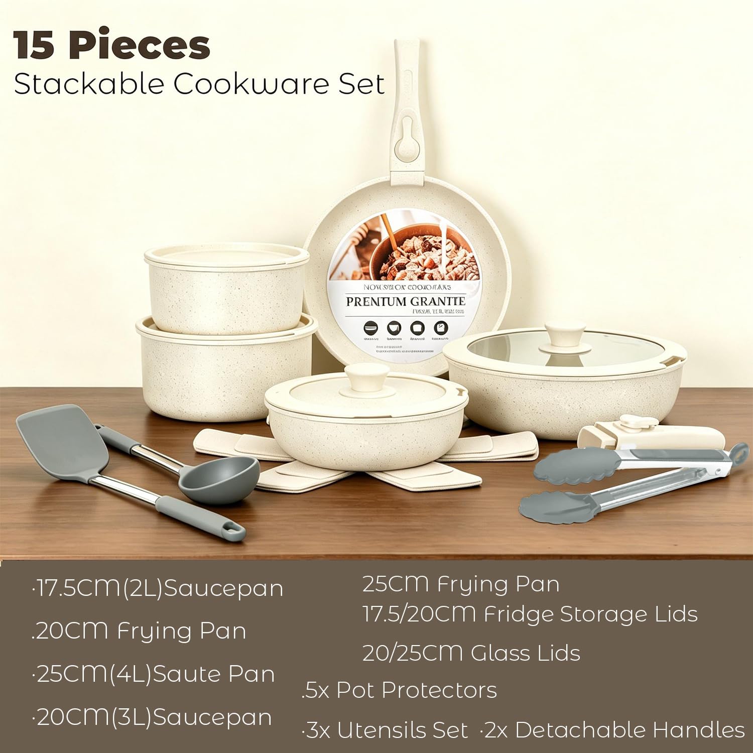 Set di pentole e padelle antiaderenti, 15 pezzi, con manico staccabile, set di pentole a induzione, impilabili da cucina con coperchi, adatte al forno (bianco)