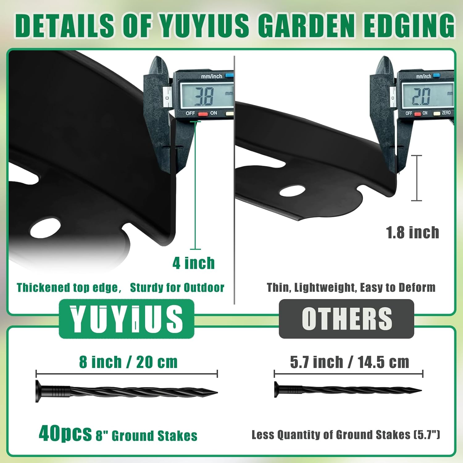 Landscape Edging Border- 40FT 4IN Tall Garden Edging Border with 40 Stakes, No Dig Lawn Edging for Landscaping for Garden Bed, Yard, Thickened Top Edge (0.15”) Flower Bed Border Edging for Outdoor